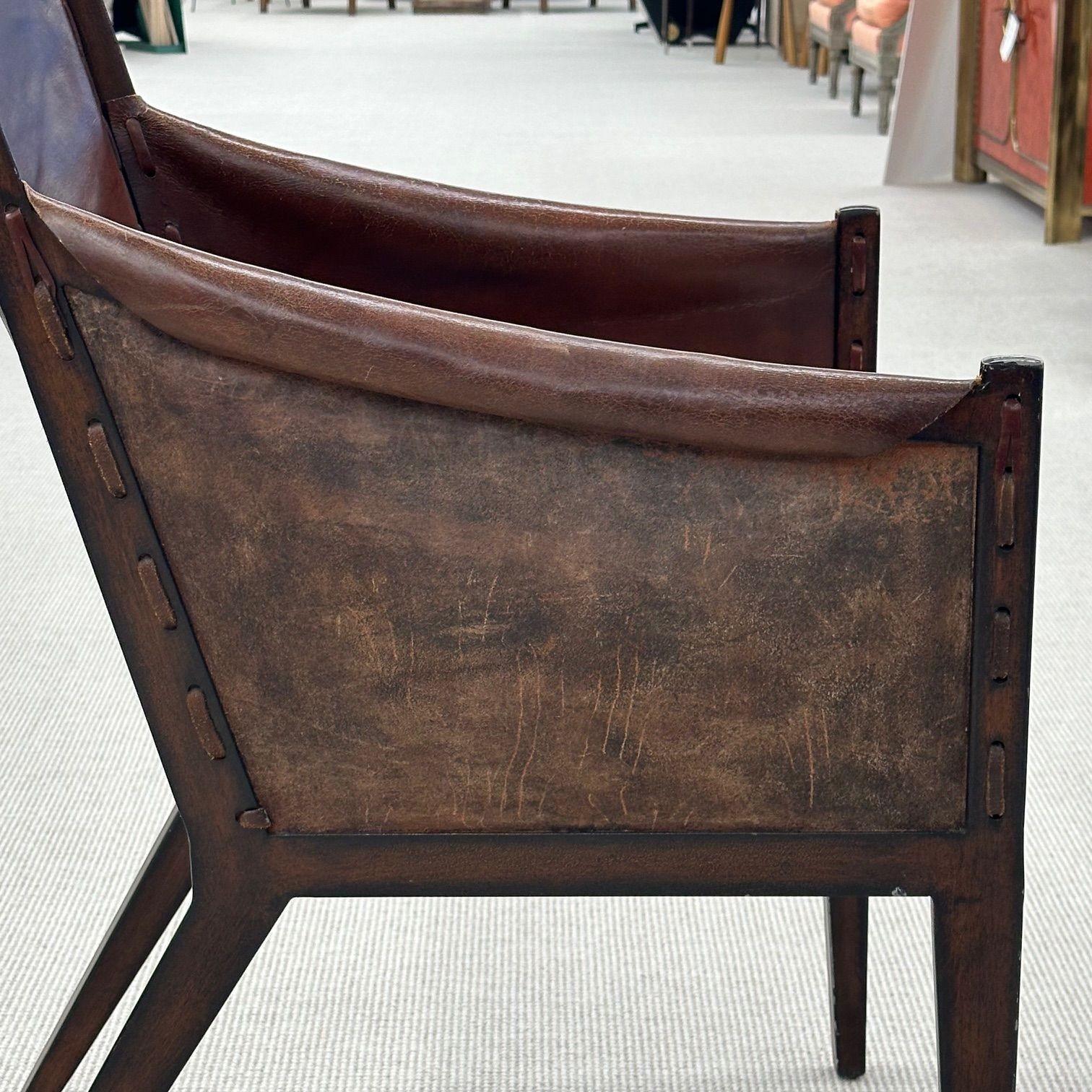 Metal Jean-Michel Frank Style, Mid-Century Modern, Arm Chairs, Distressed Leather For Sale