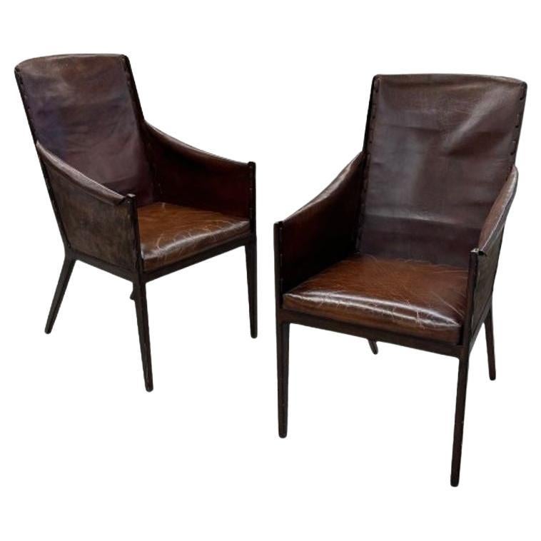 Style Jean-Michel Frank, moderne du milieu du siècle dernier, fauteuils en cuir vieilli