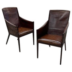 Vintage Jean-Michel Frank Style, Mid-Century Modern, Arm Chairs, Distressed Leather