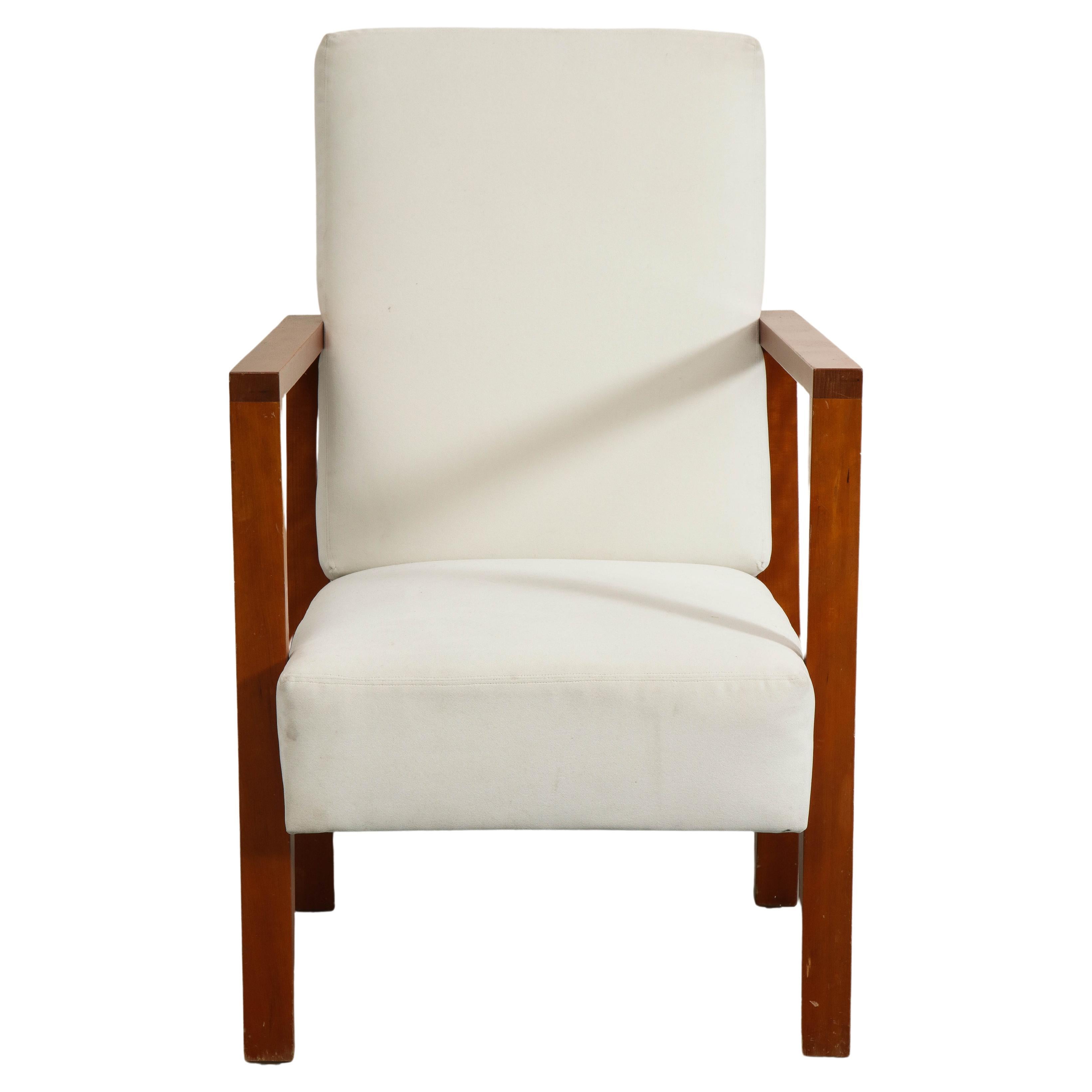 Jean-Michel Frank style oak armchair by Niedermaier, midcentury modern style with open wood frame. New white cushions were made in 2019, in Kravet fabric.