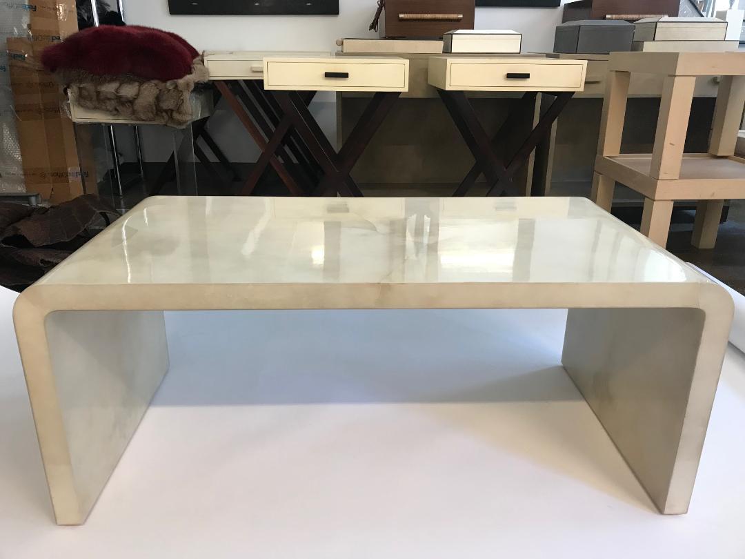 Jean Michel Frank style natural Goat Parchment coffee table with resin finish.
Resin finish provide extra durability against liquid and food stains.
We custom make all sizes and .
