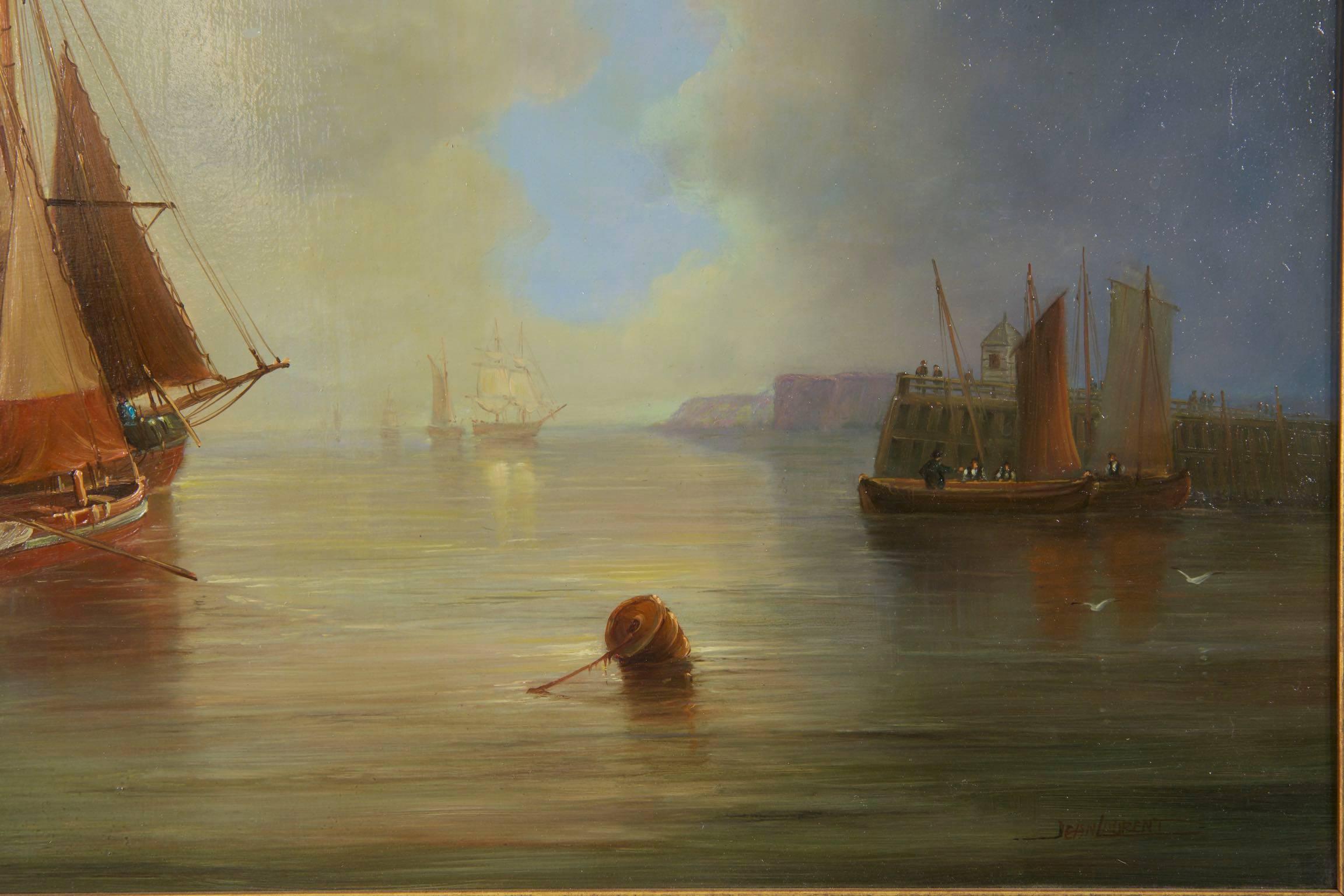 Hand-Painted Jean Michel Laurent Painting of Fishing Vessels along Coast