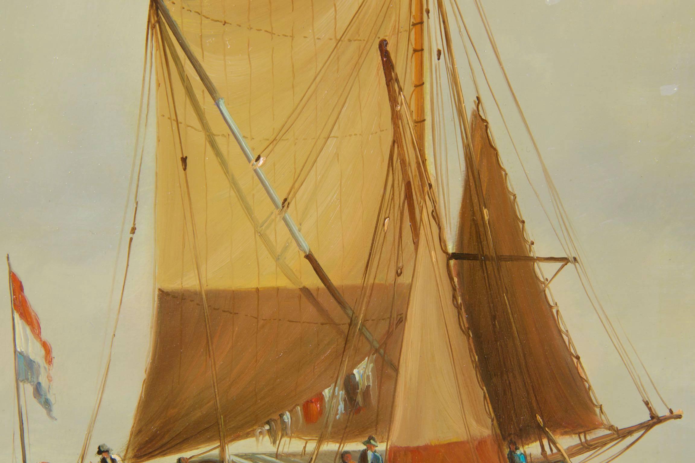 Giltwood Jean Michel Laurent Painting of Fishing Vessels along Coast