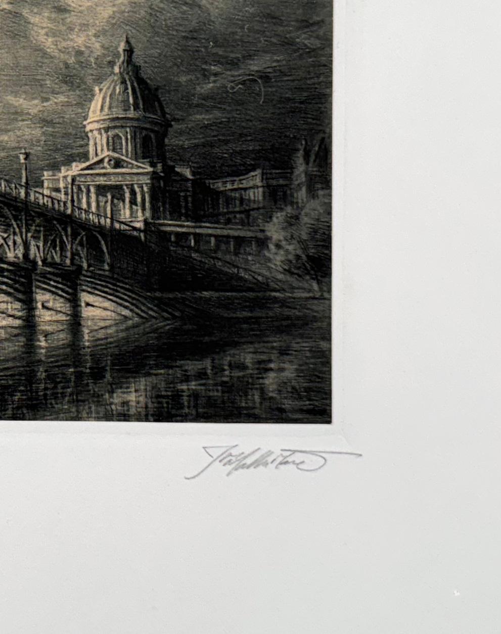 Medium: drypoint on chine collé
Edition of 180
Image Size: 4.5 X 9 inches
Signed, titled and numbered, from the edition of 180. 

A view of a bridge over the Seine River in Paris with a view of The Palais de l’Institut de France in the