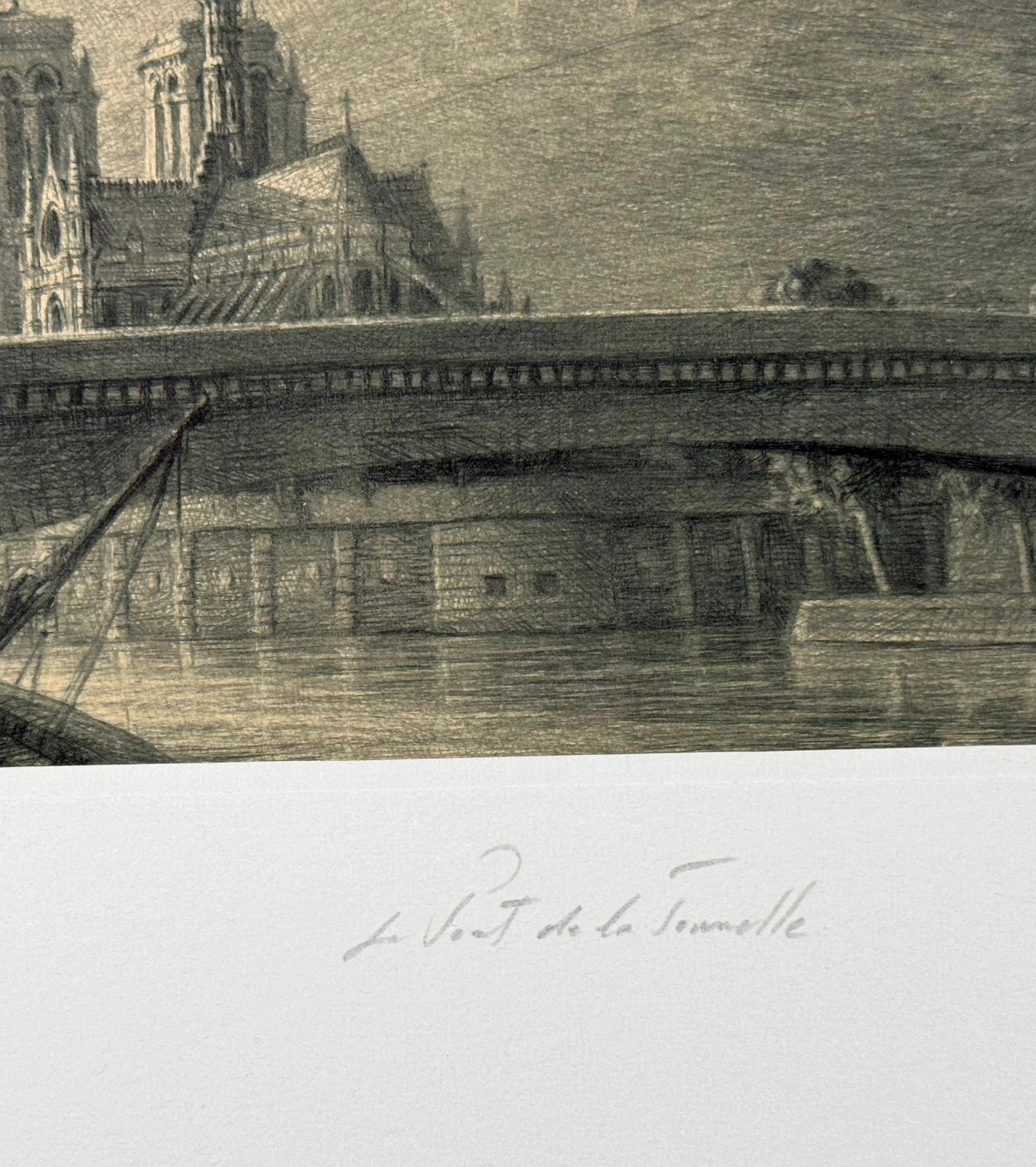 Medium: Kaltnadel auf Chine Collé
Auflage von 180 Stück
Bildgröße: 4,5 x 9 Zoll

Die Pont de la Tournelle verbindet die Ile St-Louis mit dem linken Ufer und ist mit einer riesigen Statue von Sainte-Genevieve, einer der Schutzheiligen von Paris,