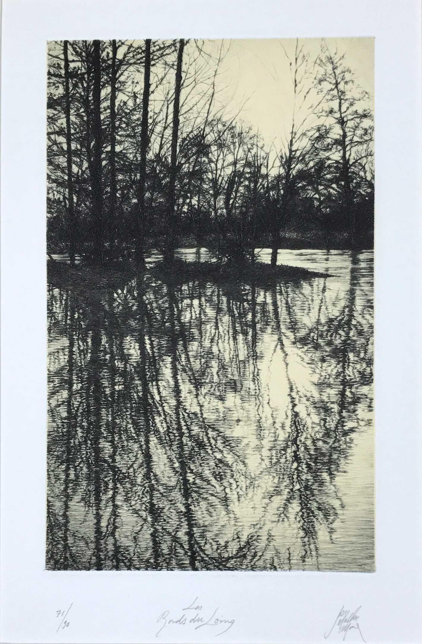 Signed, titled and numbered, from the edition of 90. ripples on a body of water reflect the trees in this French countryside landscape.

Mathieux-Marie was born in Paris in 1947 and has been honored throughout his career with awards and exhibitions.