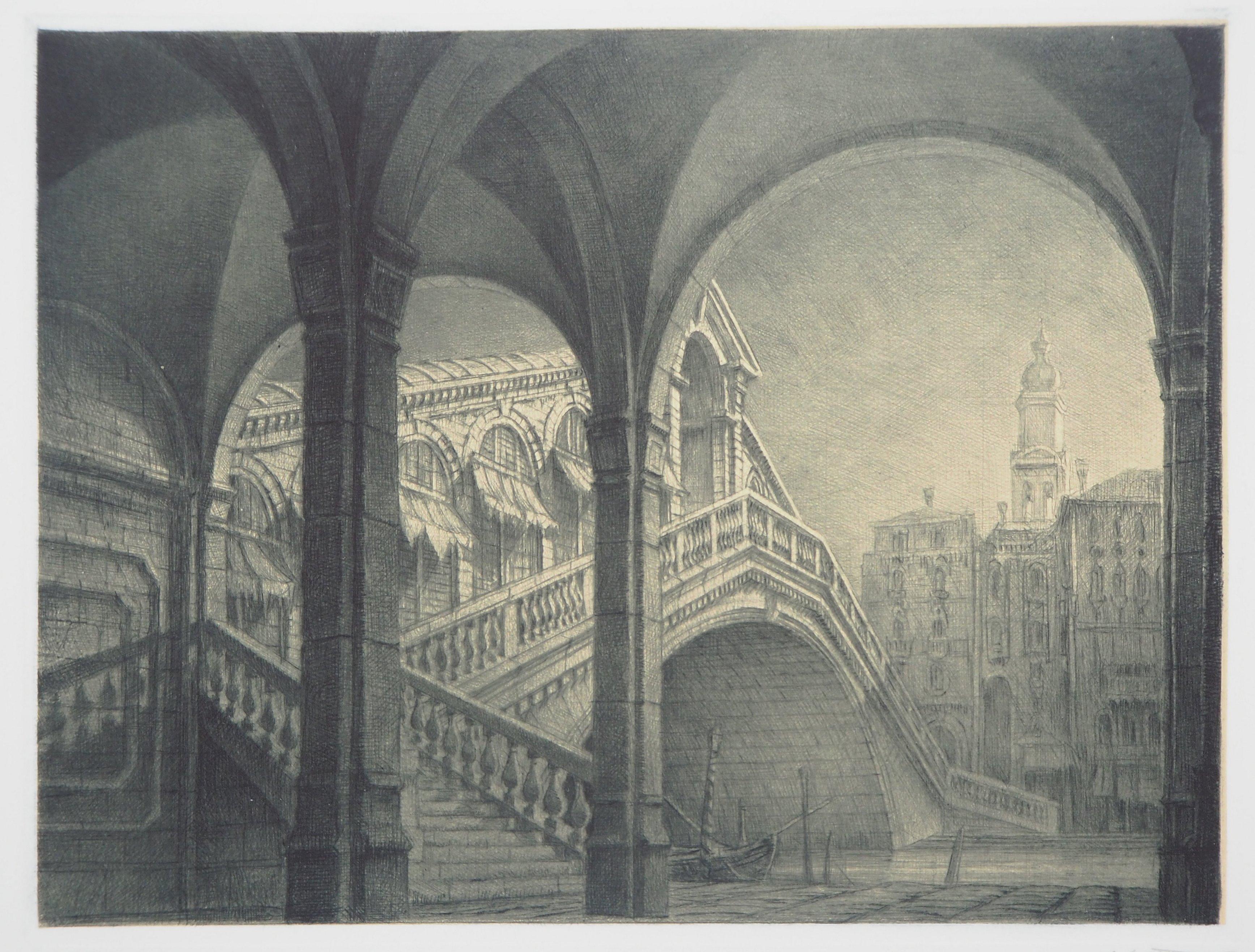 Rialto Bridge, Venise - Original Handsigned Etching - Academic Print by Jean Michel Mathieux-Marie