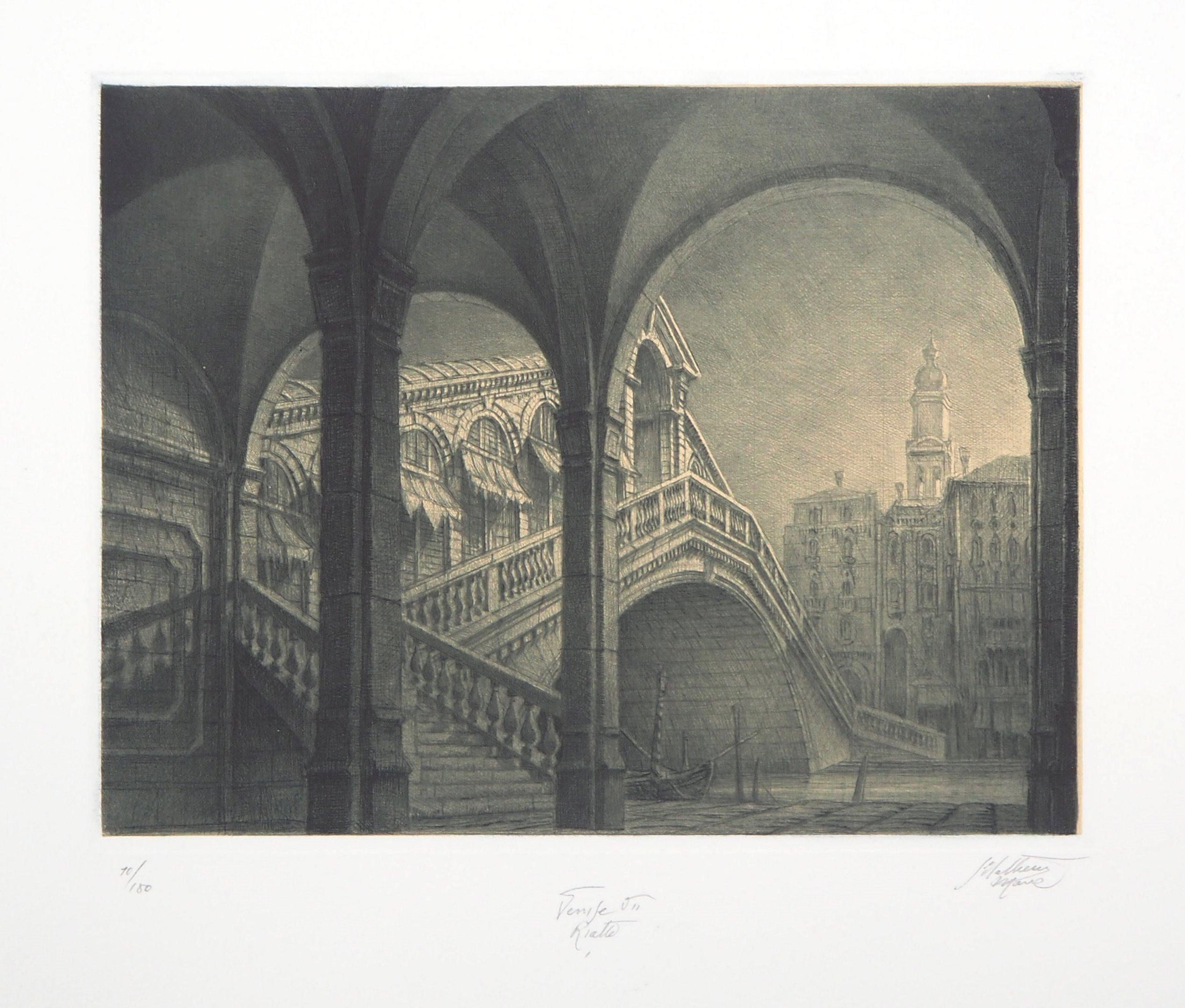 Jean Michel Mathieux-Marie Landscape Print - Rialto Bridge, Venise - Original Handsigned Etching