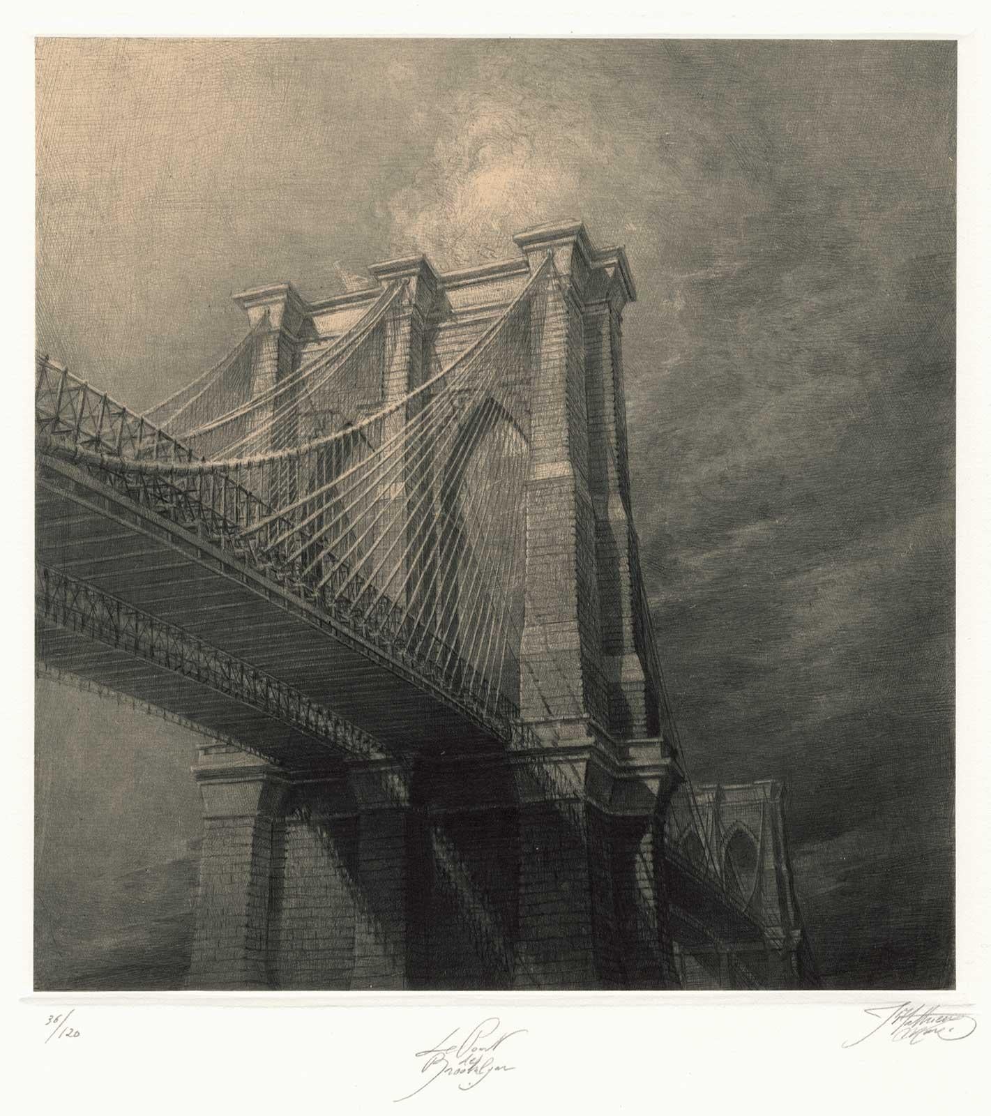 The Brooklyn Bridge (view of Brooklyn Bridge pylons from below the bridge) - Contemporary Print by Jean Michel Mathieux-Marie