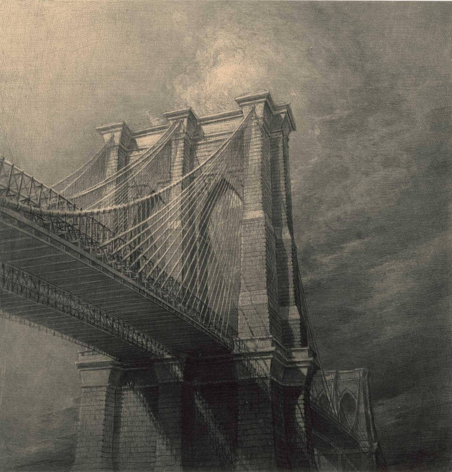 Jean Michel Mathieux-Marie Landscape Print - The Brooklyn Bridge (view of Brooklyn Bridge pylons from below the bridge)
