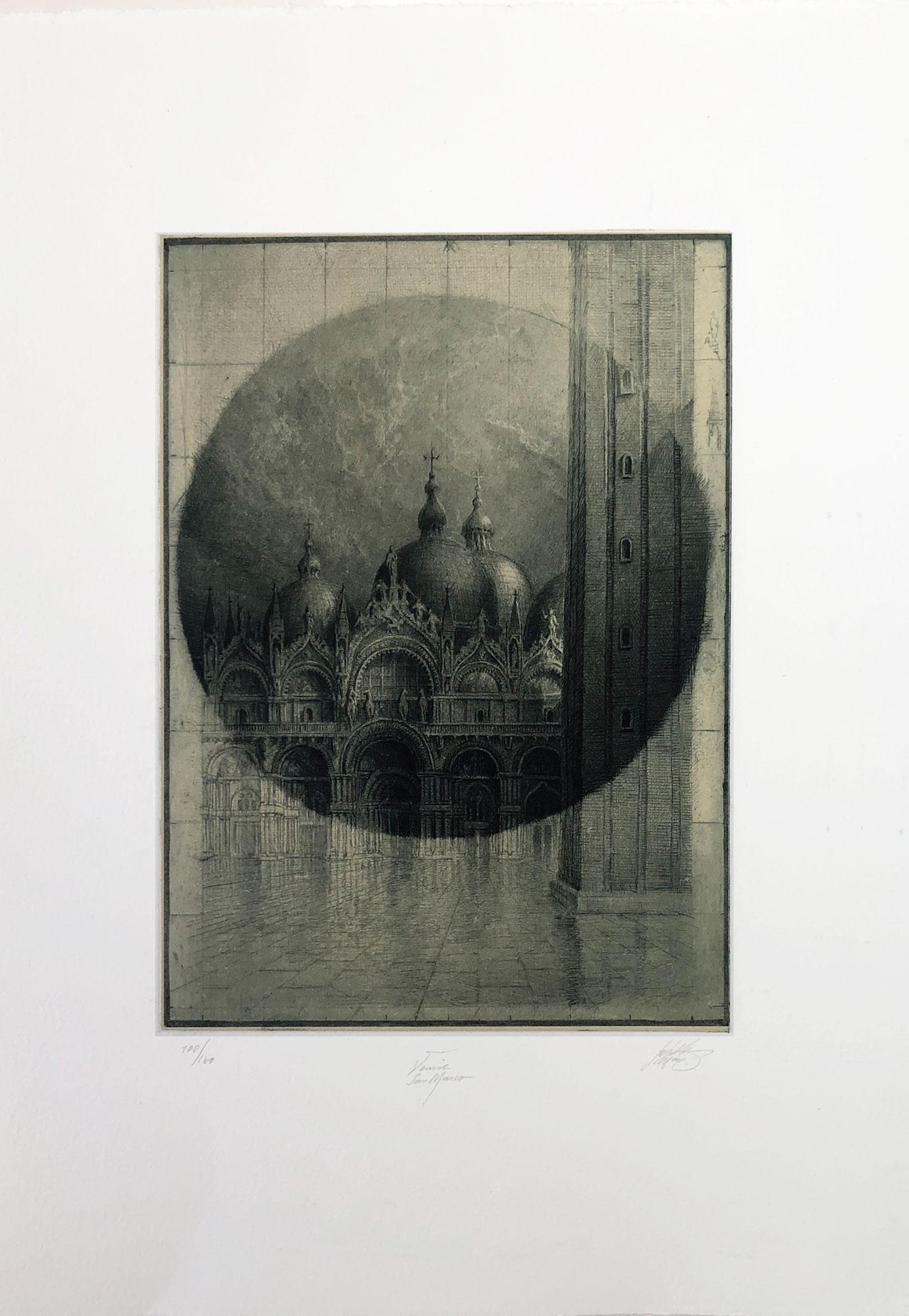 Signed, titled and numbered in pencil, #108 from the edition of 180. 
Image of the the cathedral in San Marco, Venice from the 