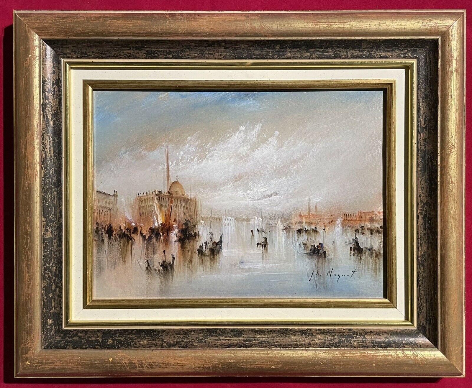 FRENCH SIGNED OIL - HAZY VENETIAN LAGOON VENICE WITH MANY BOATS AND ACTIVITY - Painting by Jean Michel Noquet