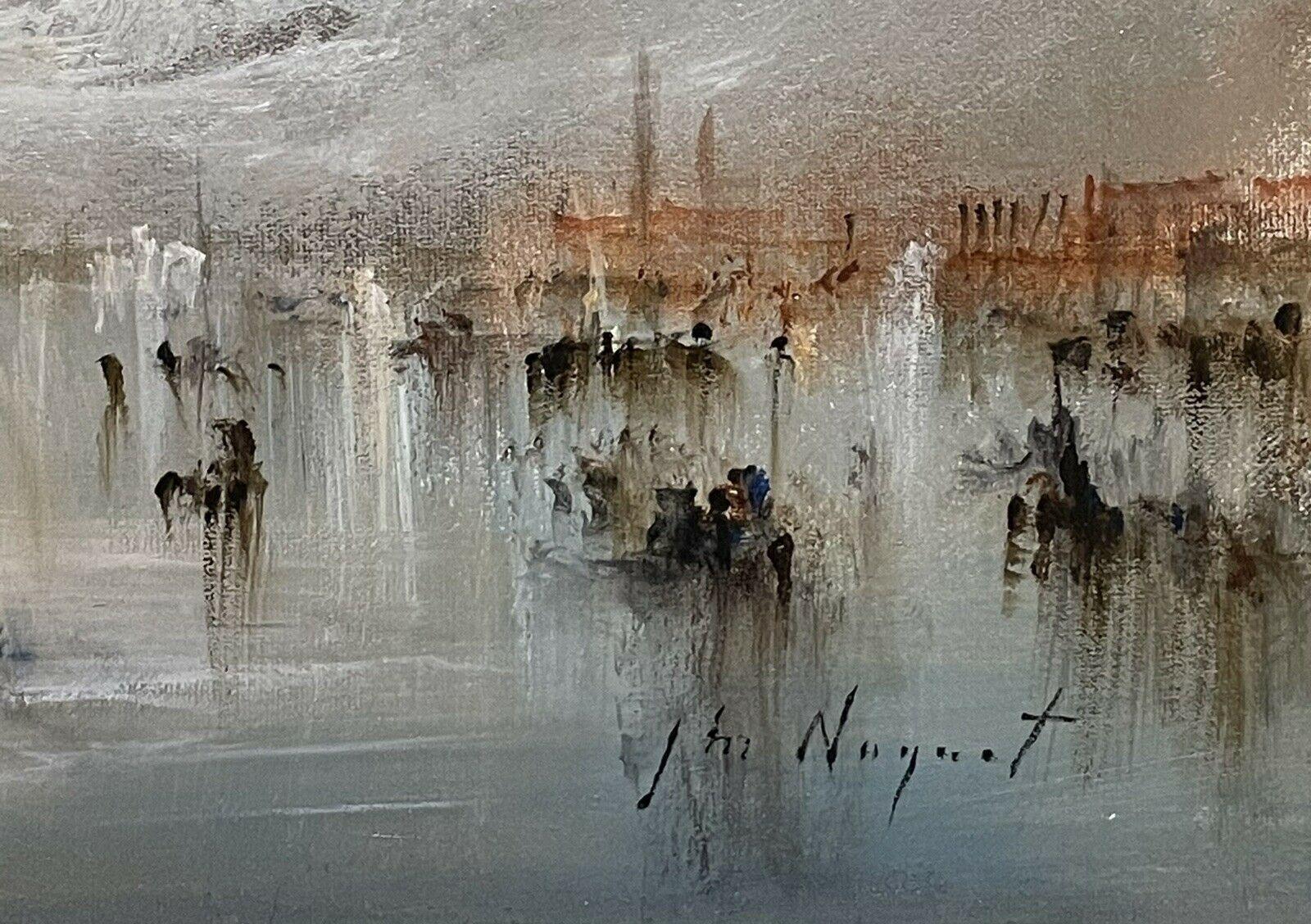 FRENCH SIGNED OIL - HAZY VENETIAN LAGOON VENICE WITH MANY BOATS AND ACTIVITY - Gray Figurative Painting by Jean Michel Noquet