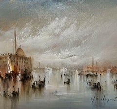 FRENCH SIGNED OIL – HAZY VENETIAN LAGOON VENICE MIT vielen BOATS UND Aktivität