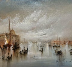 FRENCH SIGNED OIL - HAZY VENETIAN LAGOON VENICE WITH MANY BOATS AND ACTIVITY