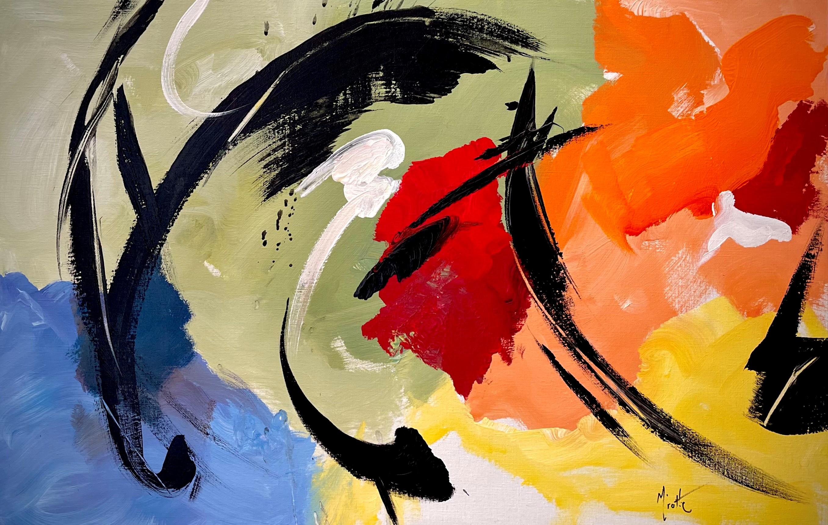A vibrant, colorful and energetic abstract composition acrylic painting