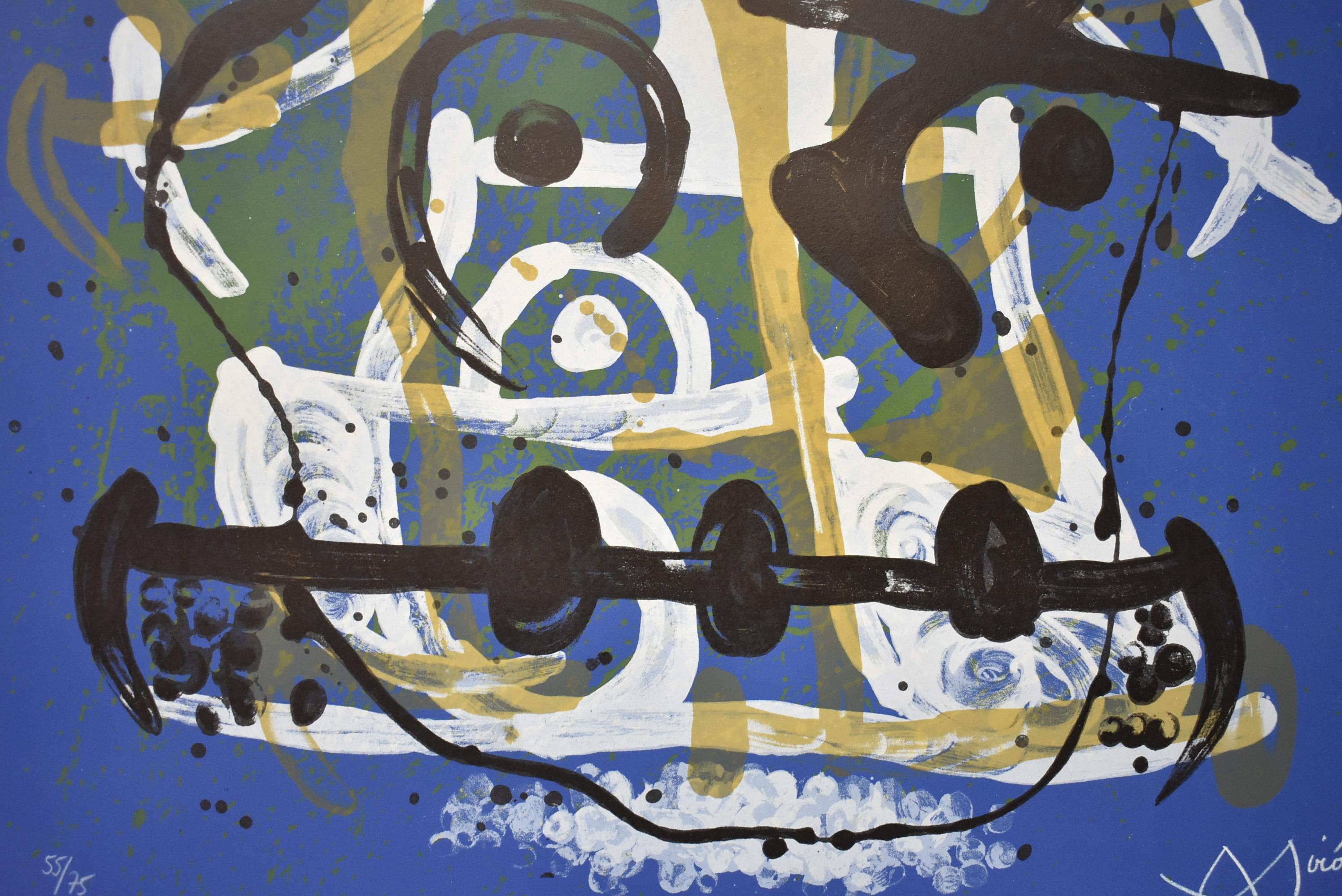 Spanische abstrakte Lithographie Chevauchee Bleu Brun von Jean Miro, signiert 55/75, 1969 im Zustand „Gut“ im Angebot in Toledo, OH