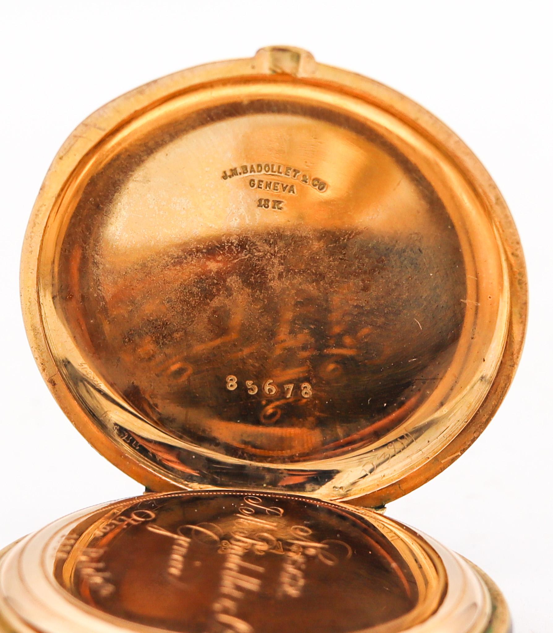 Jean-Moïse Badollet Co. 1886 Geneva Hunter Pocket Watch In 18Kt Gold With Enamel For Sale 2