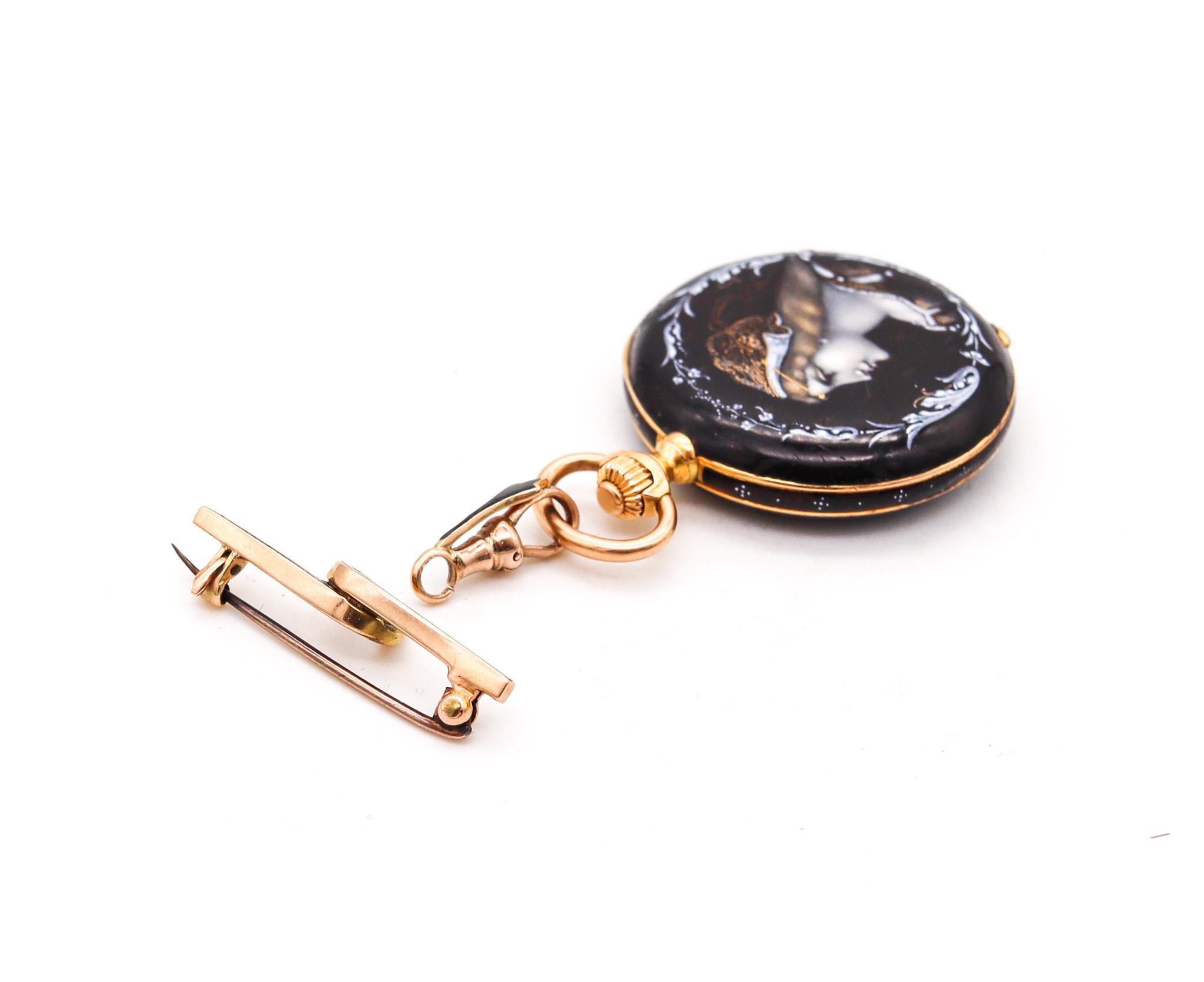 Jean-Moïse Badollet Co. 1886 Geneva Hunter Pocket Watch In 18Kt Gold With Enamel For Sale 5