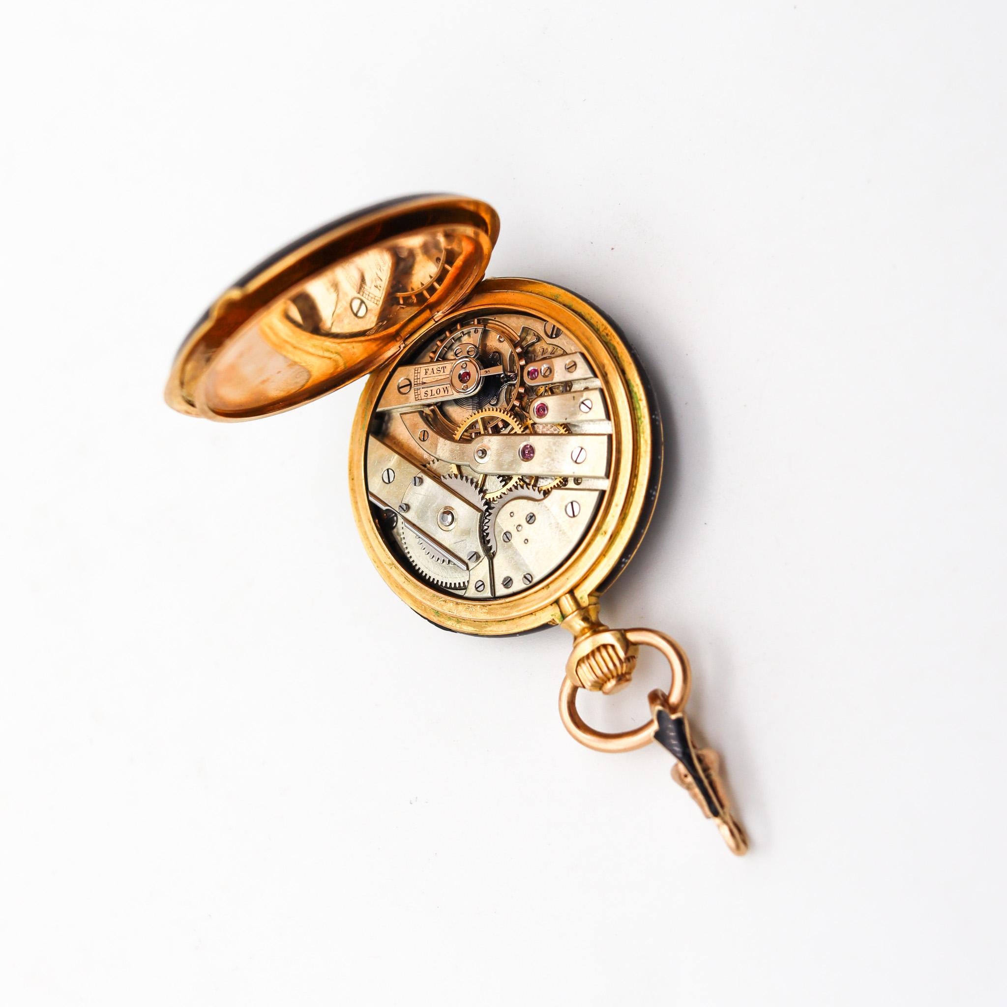 Jean-Moïse Badollet Co. 1886 Geneva Hunter Pocket Watch In 18Kt Gold With Enamel For Sale 8