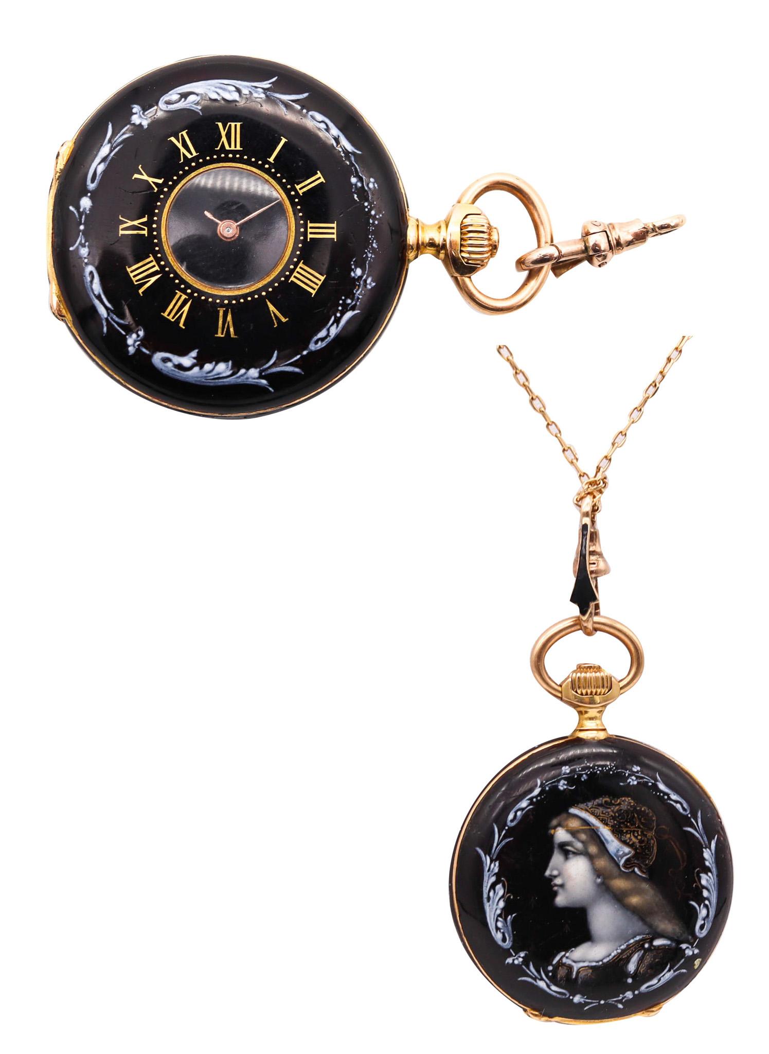 Belle Époque Jean-Moïse Badollet Co. 1886 Geneva Hunter Pocket Watch en or 18Kt avec émail en vente