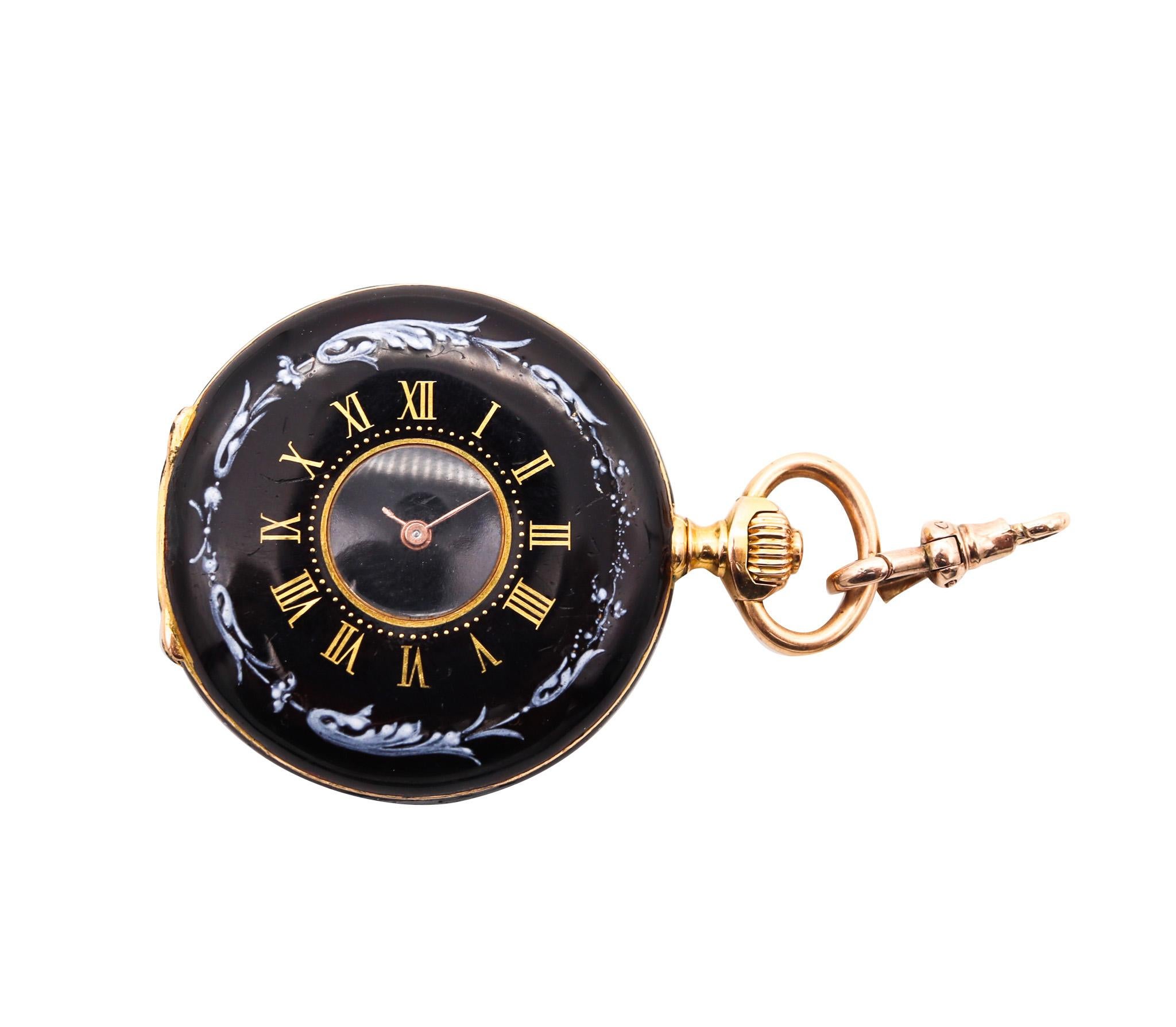 Jean-Moïse Badollet Co. 1886 Geneva Hunter Pocket Watch en or 18Kt avec émail Unisexe en vente