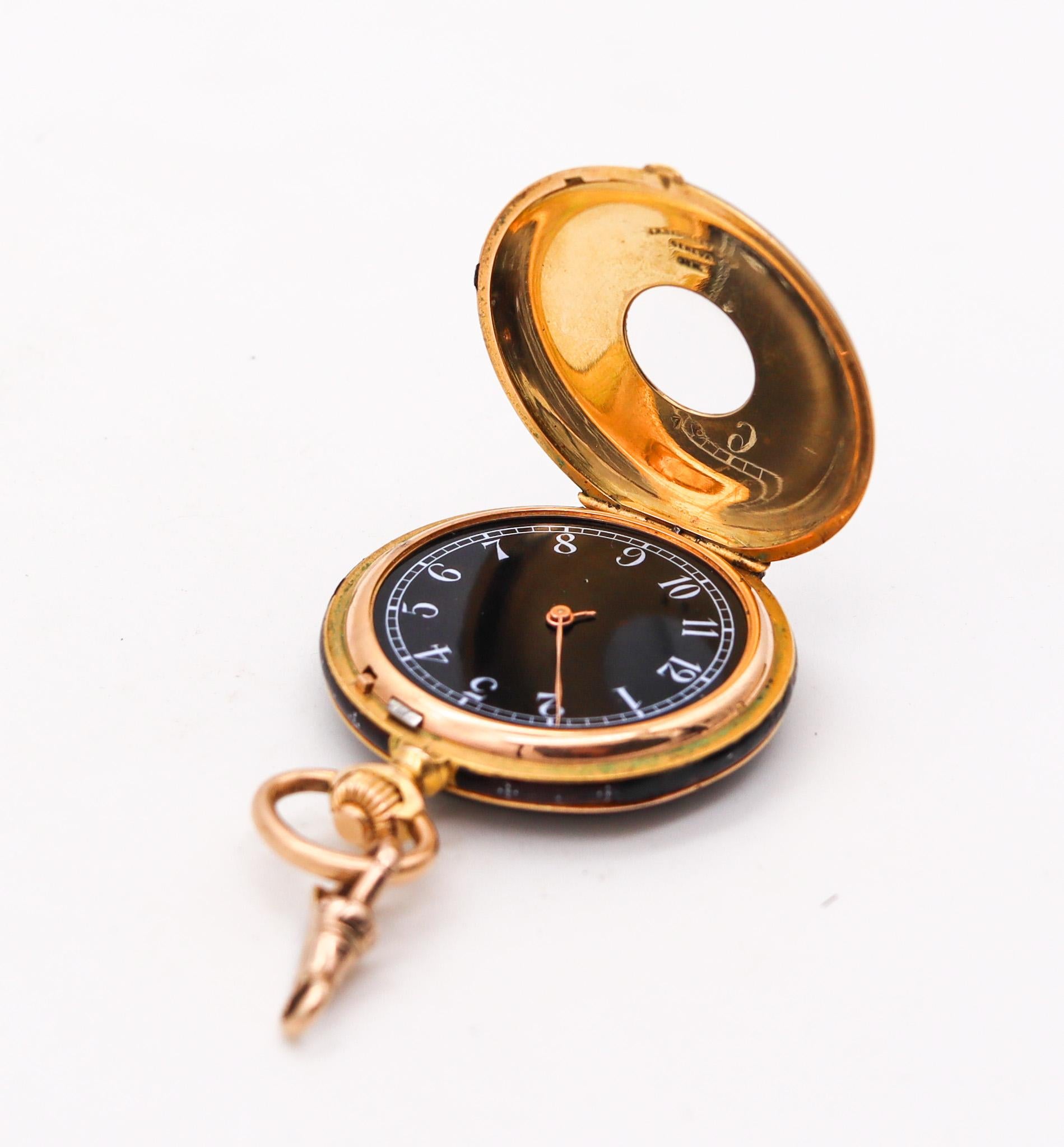 Belle Époque Jean-Moïse Badollet Co. 1886 Geneva Hunter Pocket Watch In 18Kt Gold With Enamel For Sale