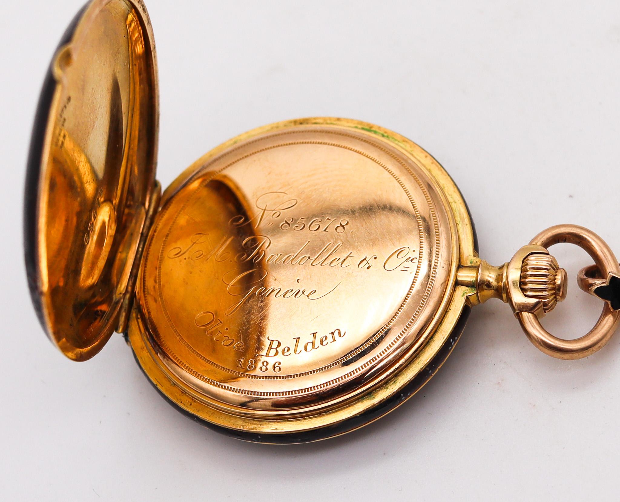 Jean-Moïse Badollet Co. 1886 Geneva Hunter Pocket Watch In 18Kt Gold With Enamel For Sale 1
