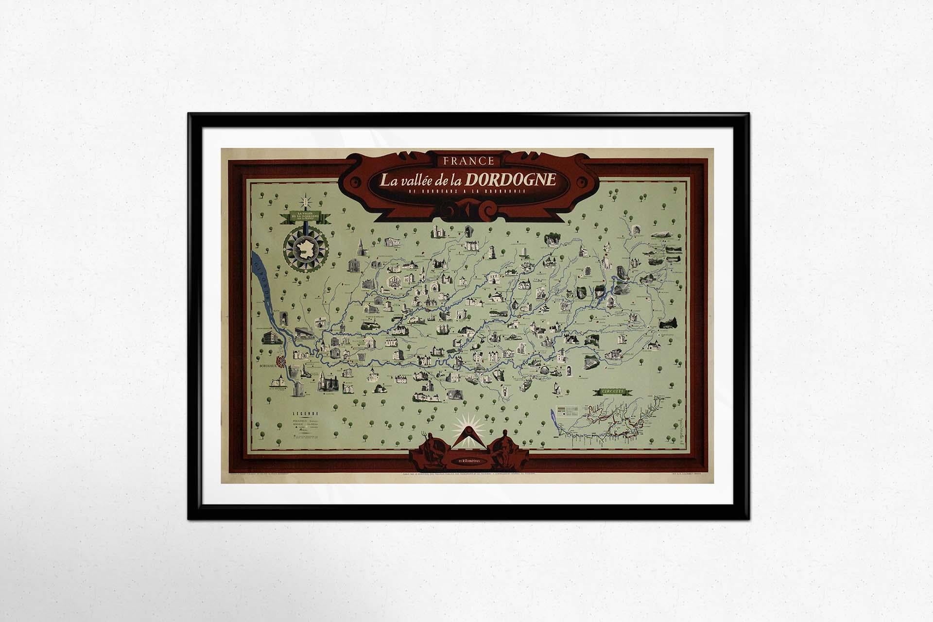 The 1948 original map titled La Vallée de la Dordogne de Bordeaux à la Bourboule was created by the French artist and cartographer Jean Moles. This map serves as both a geographical guide and a work of art, capturing the charm and complexity of one
