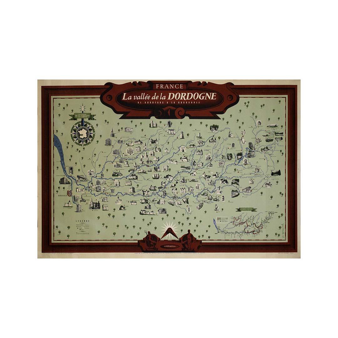 1948 original map titled La Vallée de la Dordogne de Bordeaux à la Bourboule For Sale 2