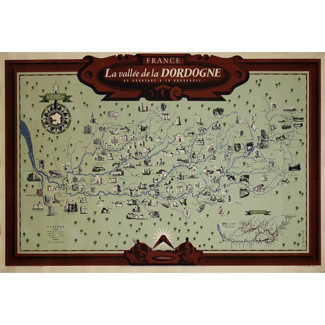 1948 original map titled La Vallée de la Dordogne de Bordeaux à la Bourboule - Print by Jean Moles