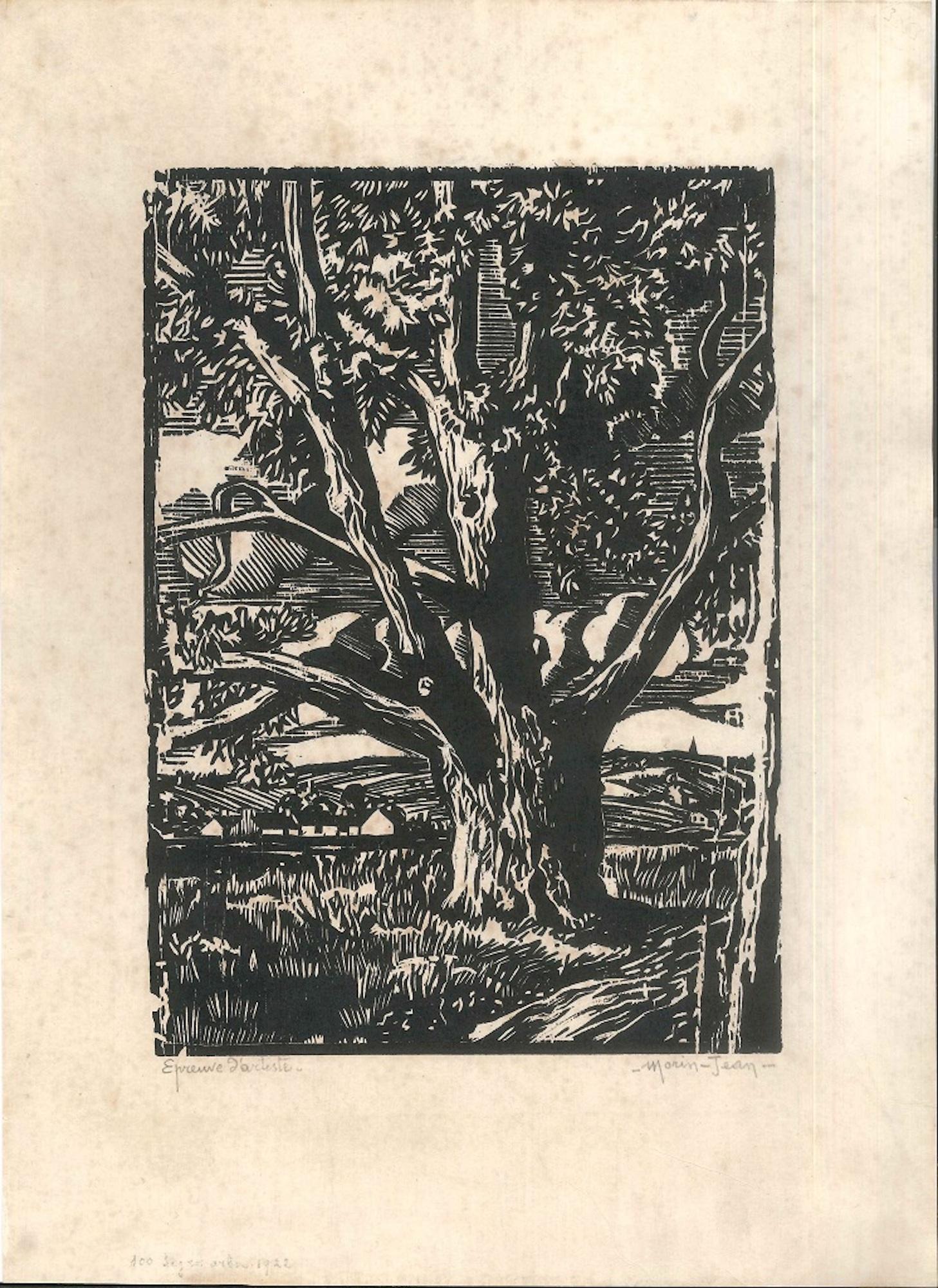 Jean Morin Figurative Print - Le Gros Arbre - Original Woodcut by J. Morin - 1922