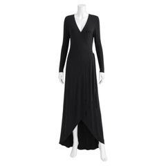 Jean Muir 1970s Vintage Schwarzes Jersey Maxikleid mit tiefem Ausschnitt