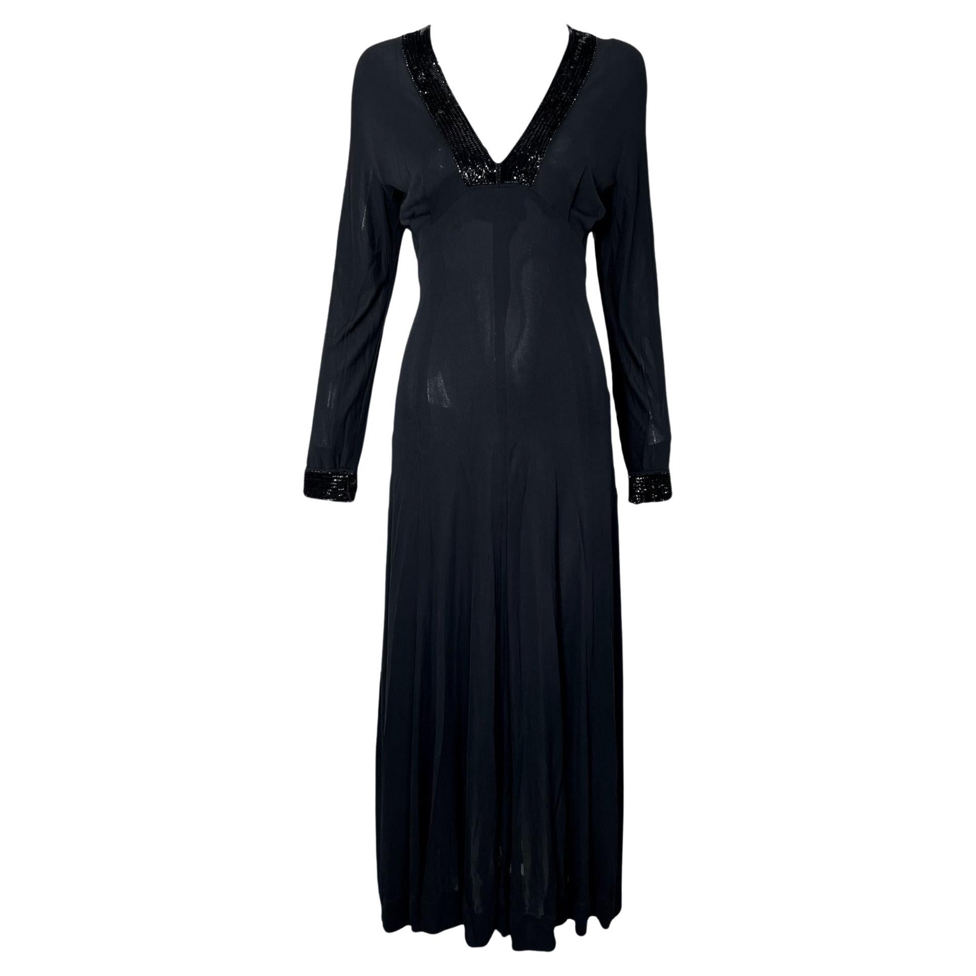 Jean Muir Black Rayon Jersey Sequin V-Neck Maxi Dress, 1970 en vente