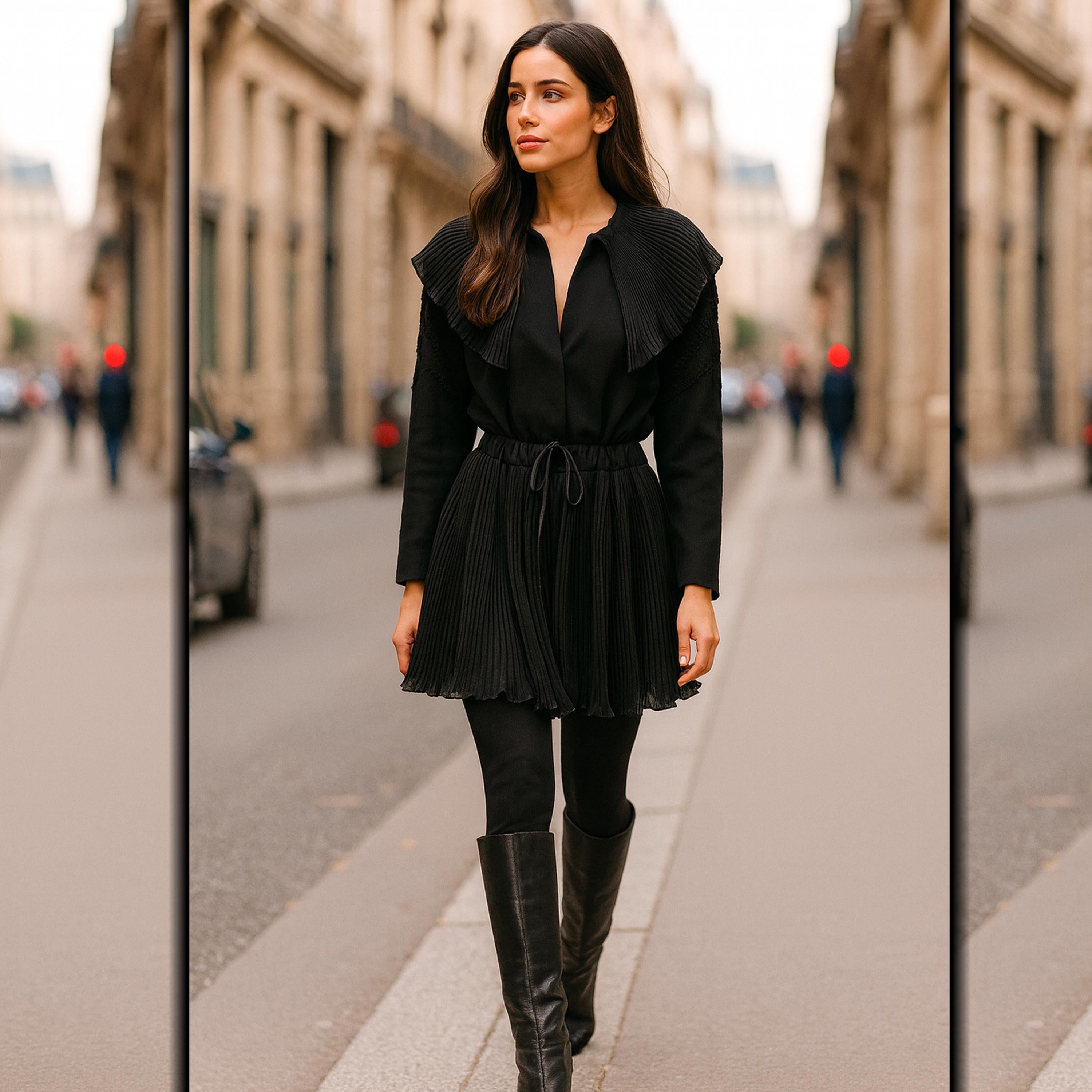 Nero Jean Muir, giacca in lana nera con colletto a micropieghe e vita arricciata, Vintage in vendita