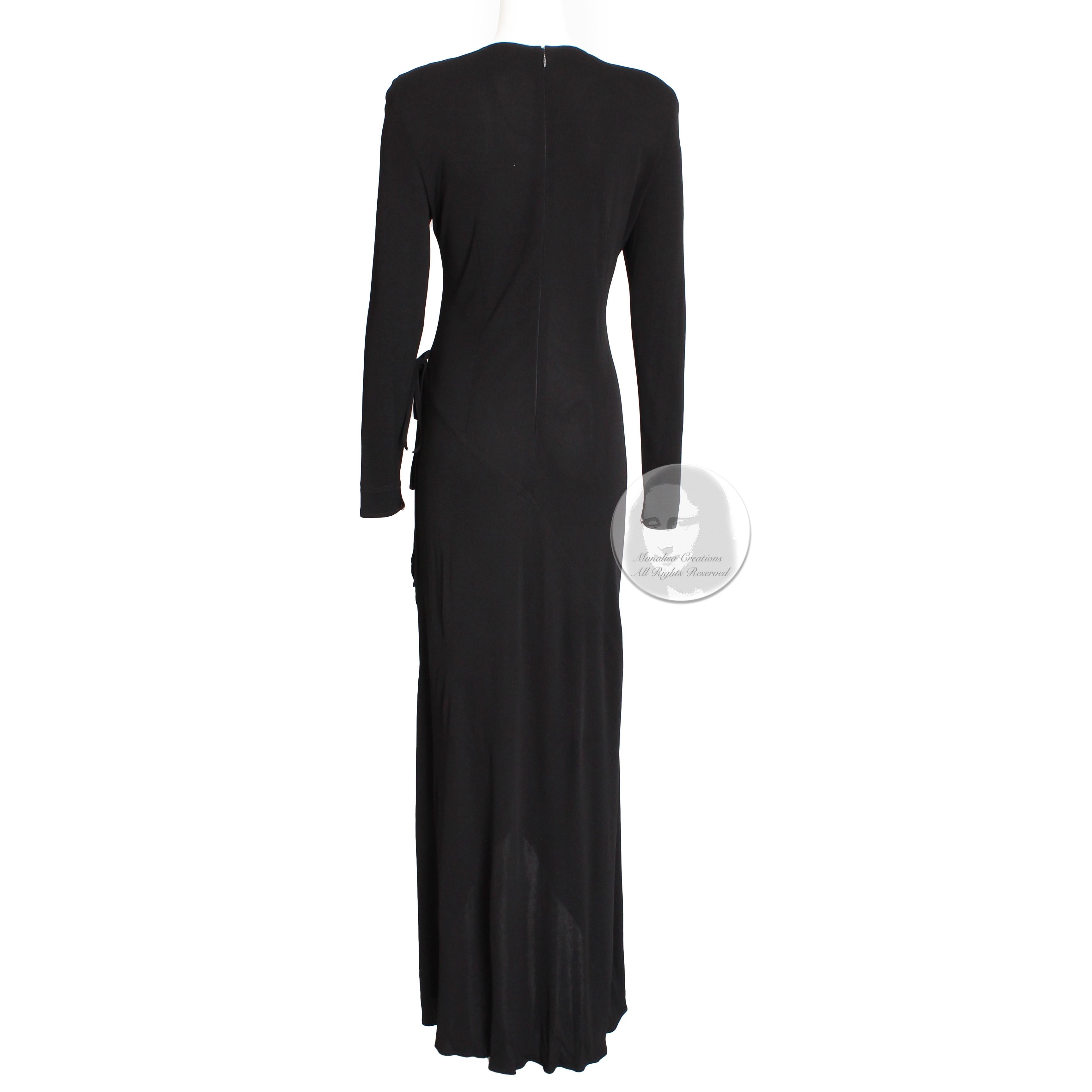 Jean Muir Dress Long Black Jersey Asymmetric Hem Plunge Neckline Vintage  5
