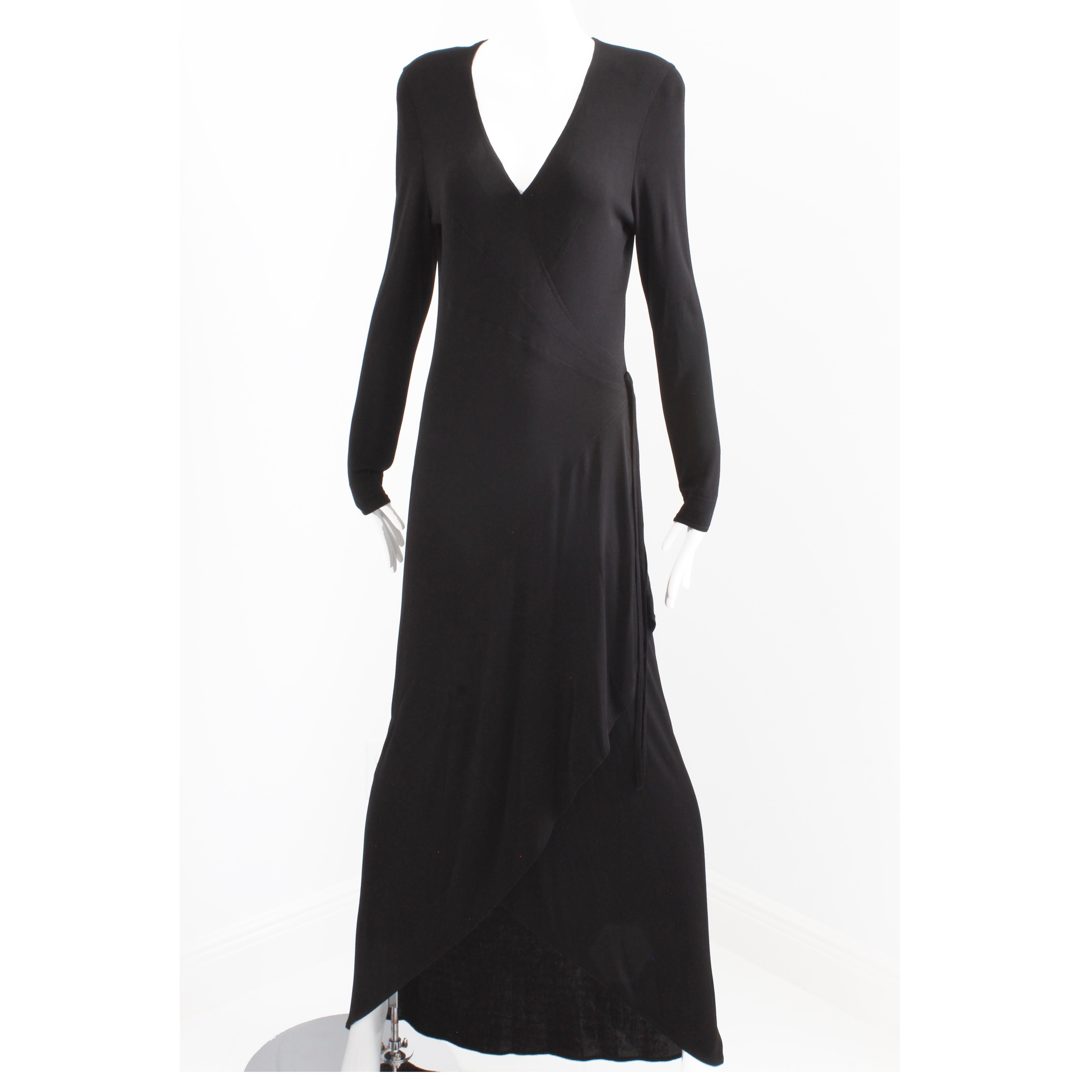 Women's Jean Muir Dress Long Black Jersey Asymmetric Hem Plunge Neckline Vintage 