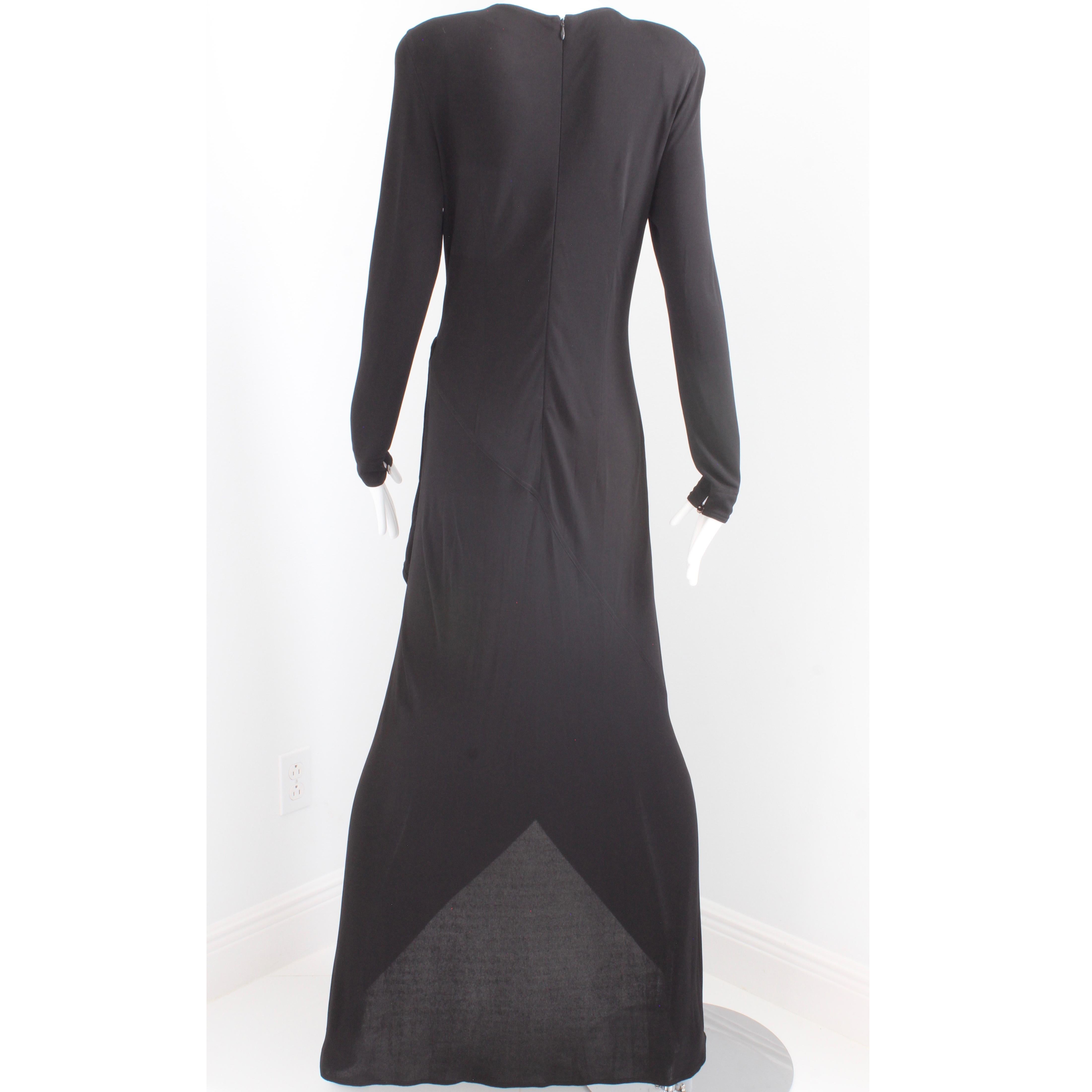 Jean Muir Dress Long Black Jersey Asymmetric Hem Plunge Neckline Vintage  4