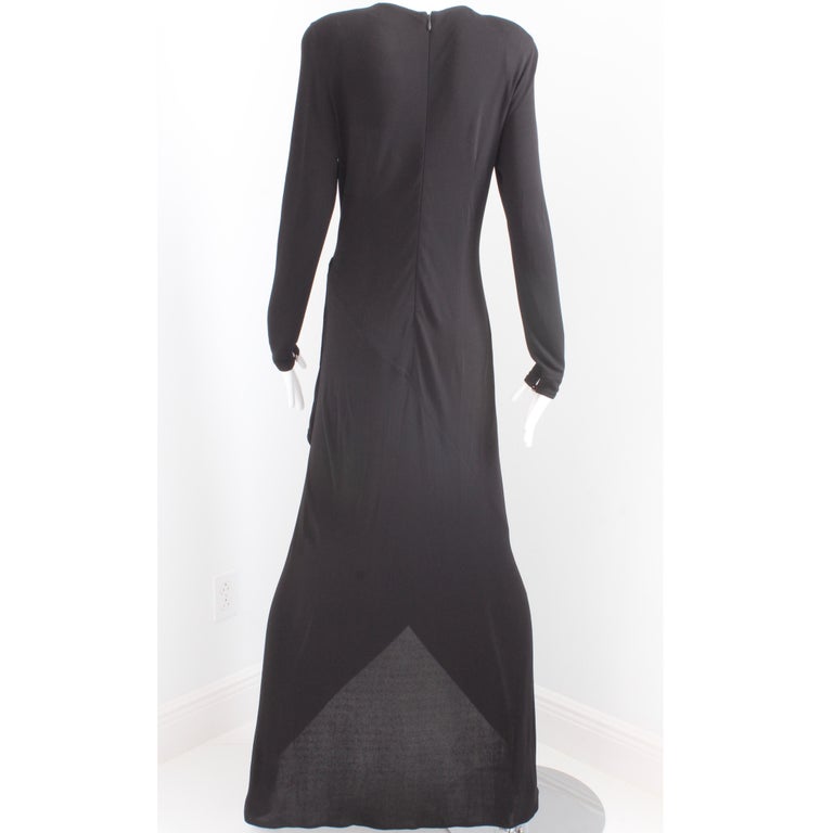 Jean Muir Dress Long Black Jersey Asymmetric Hem Plunge Neckline