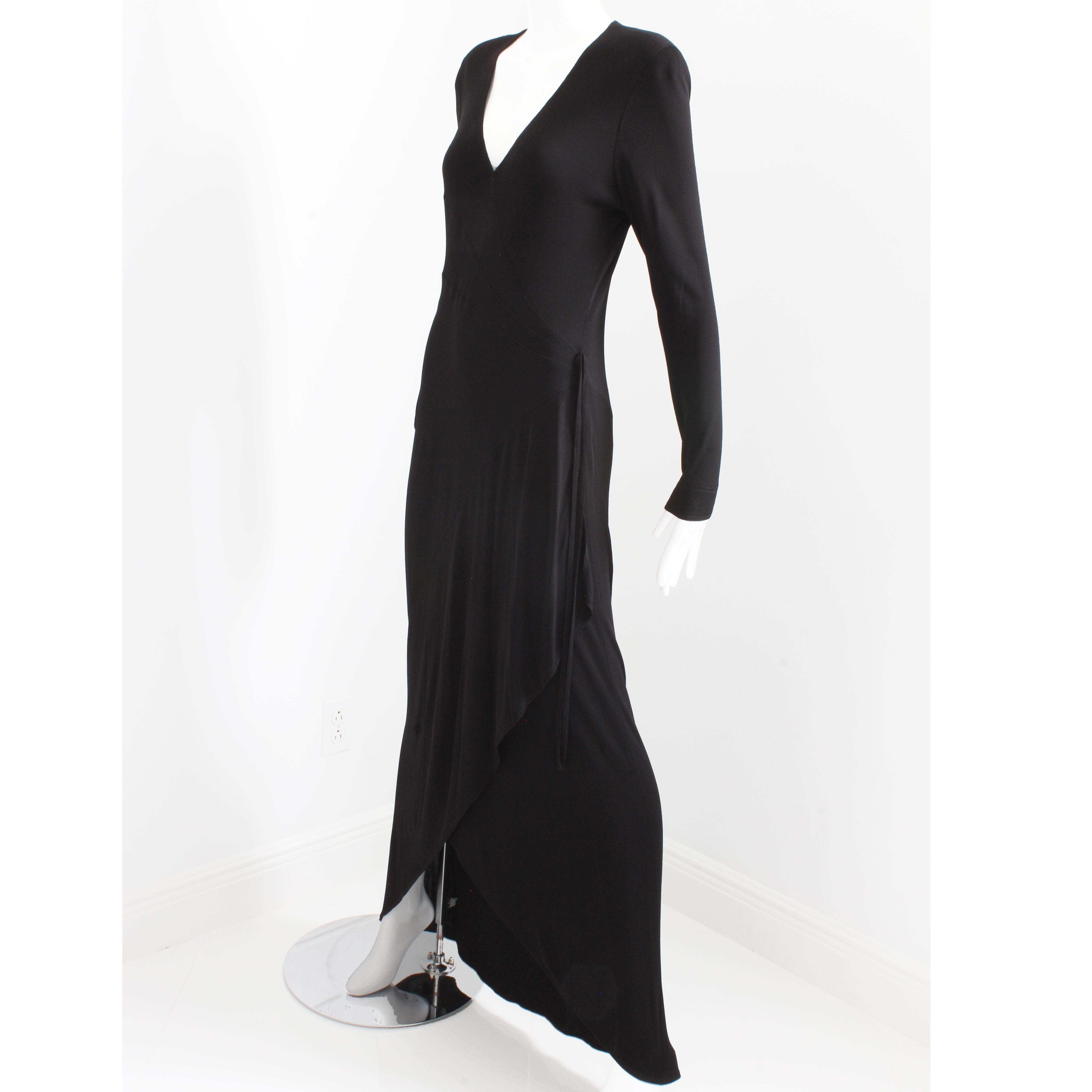 Jean Muir Dress Long Black Jersey Asymmetric Hem Plunge Neckline Vintage  6