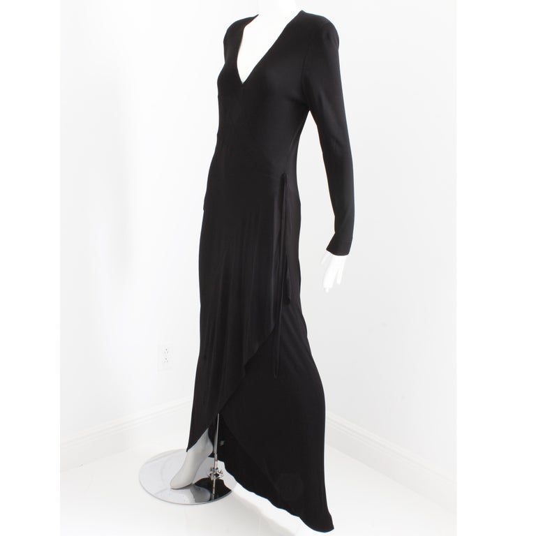 Jean Muir Dress Long Black Jersey Asymmetric Hem Plunge Neckline