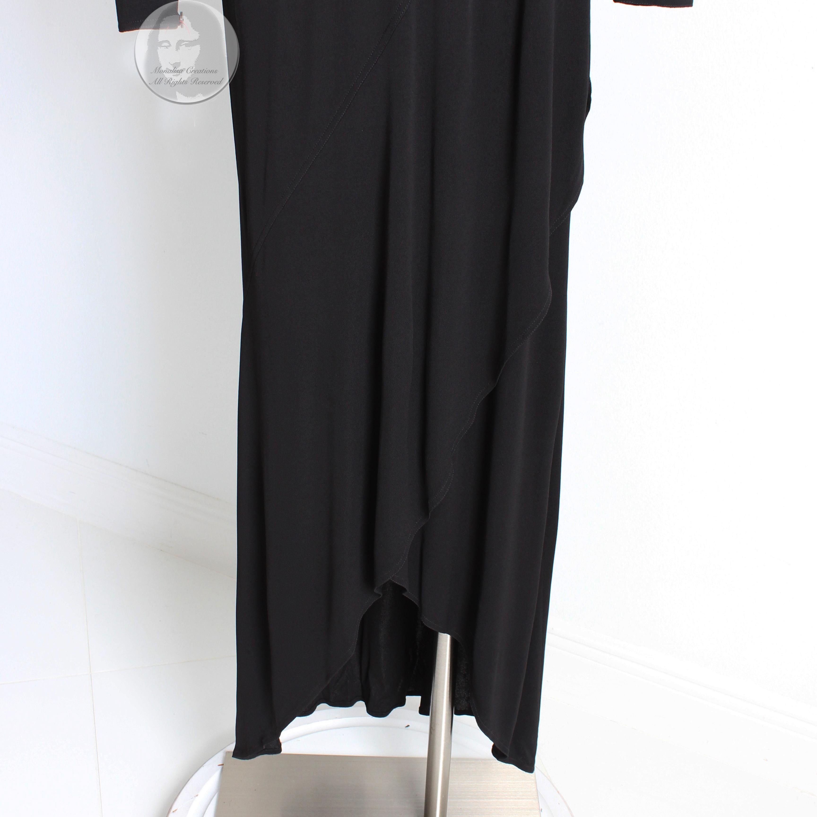 Jean Muir Dress Long Black Jersey Asymmetric Hem Plunge Neckline Vintage  In Good Condition In Port Saint Lucie, FL