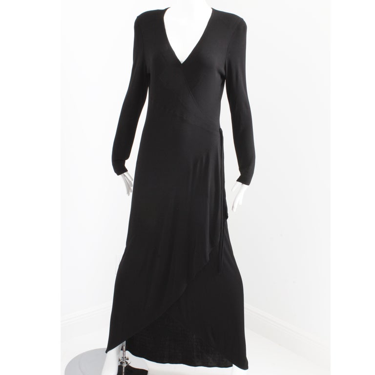 Jean Muir Dress Long Black Jersey Asymmetric Hem Plunge Neckline