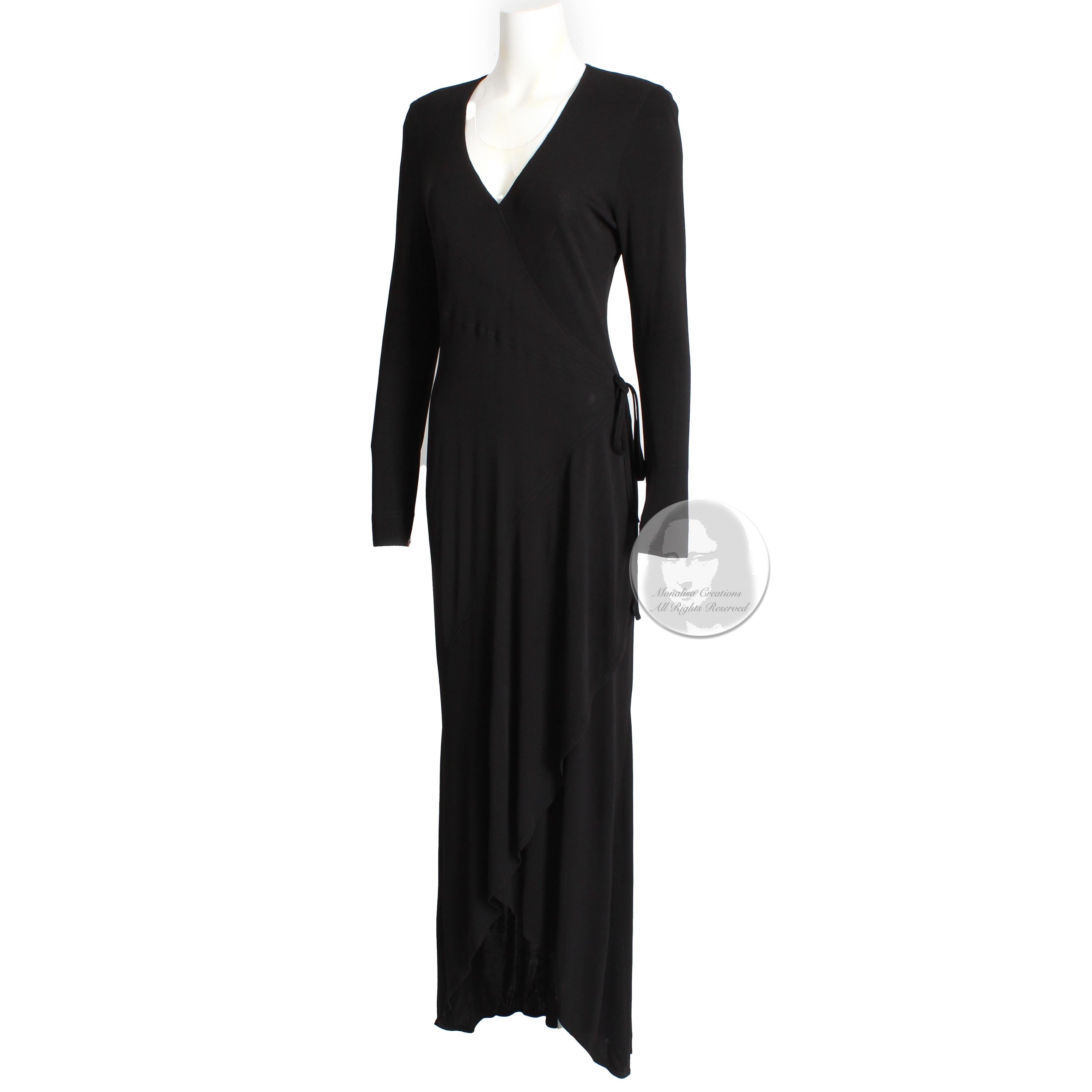 Jean Muir Dress Long Black Jersey Asymmetric Hem Plunge Neckline Vintage  1