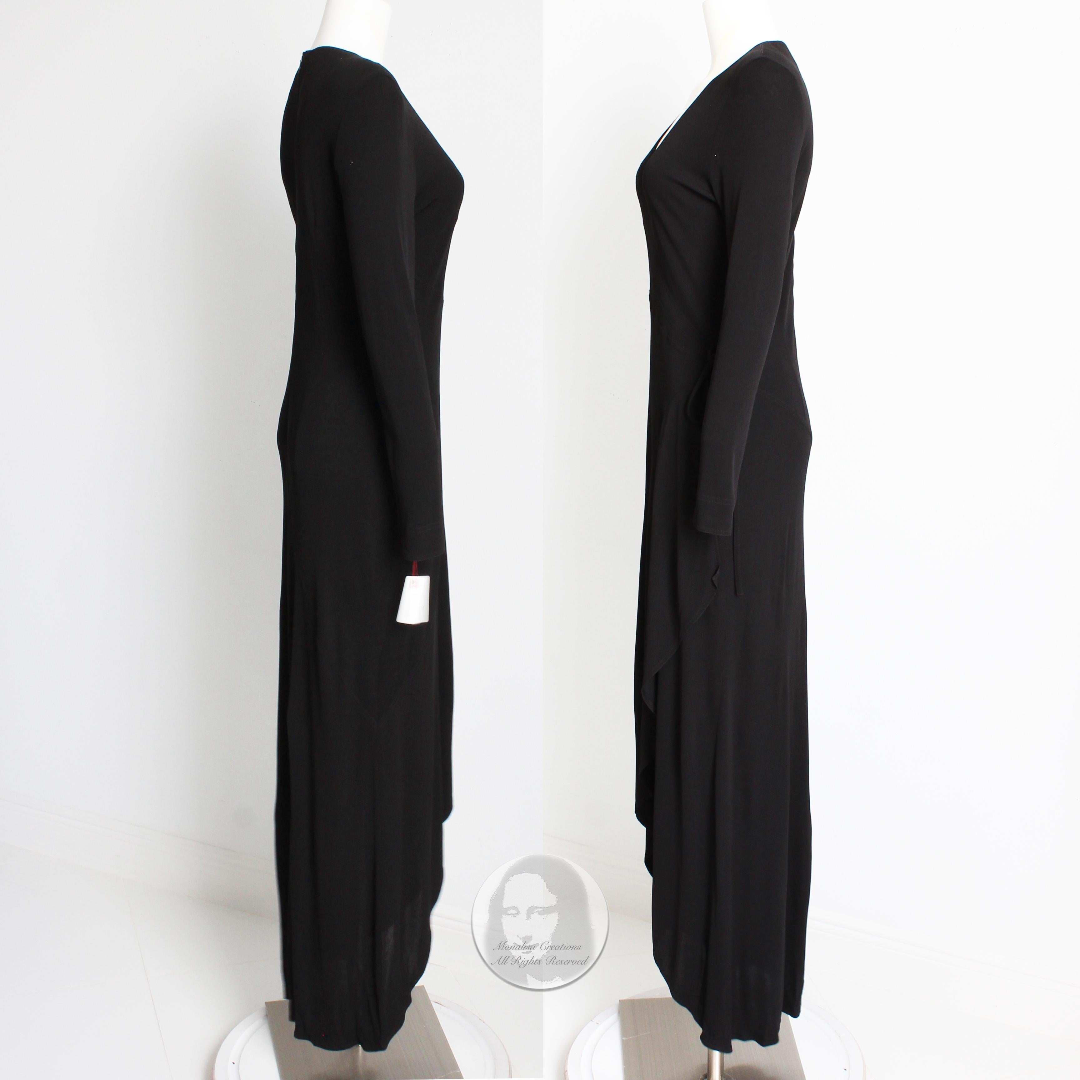 Jean Muir Dress Long Black Jersey Asymmetric Hem Plunge Neckline Vintage  3