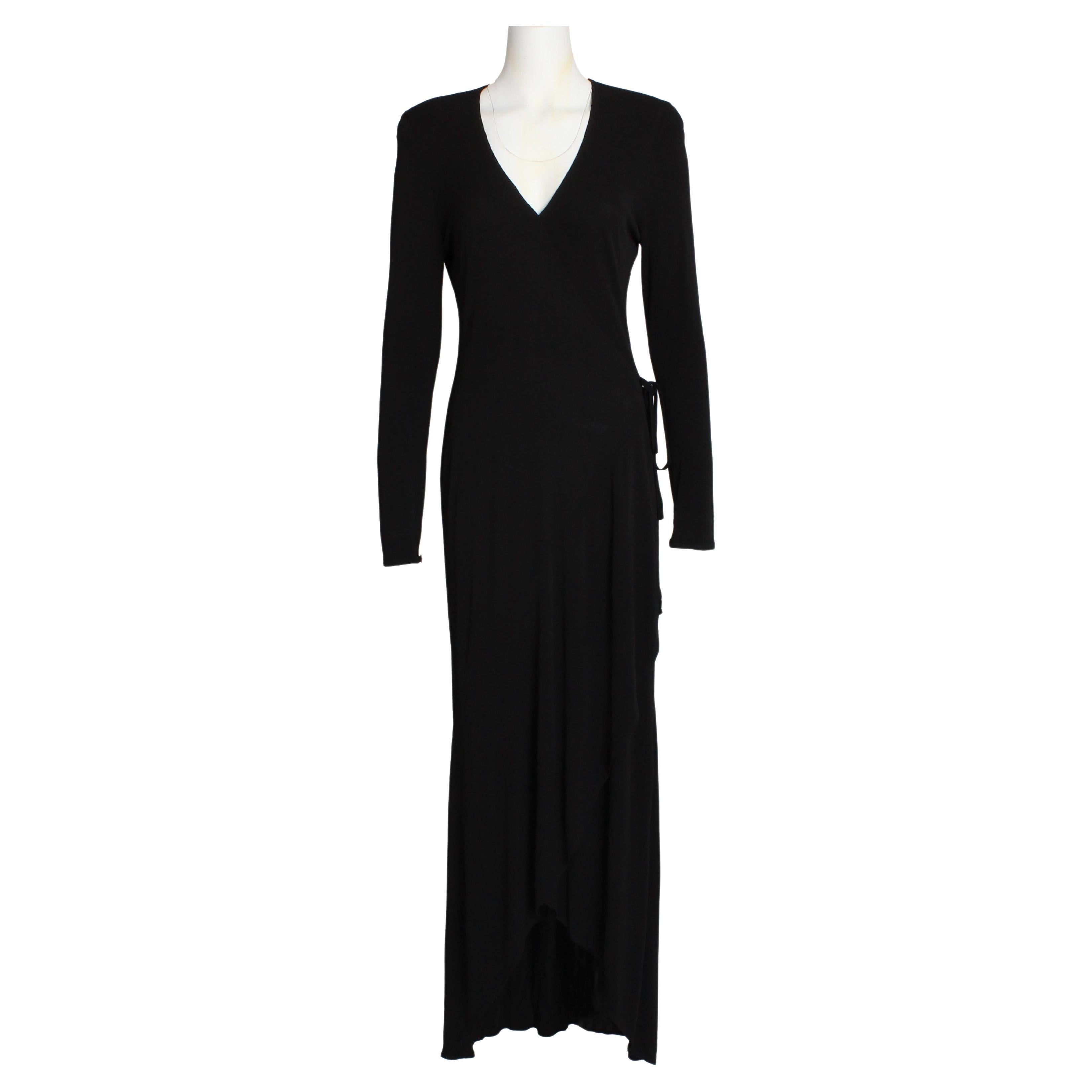 Jean Muir Dress Long Black Jersey Asymmetric Hem Plunge Neckline Vintage 