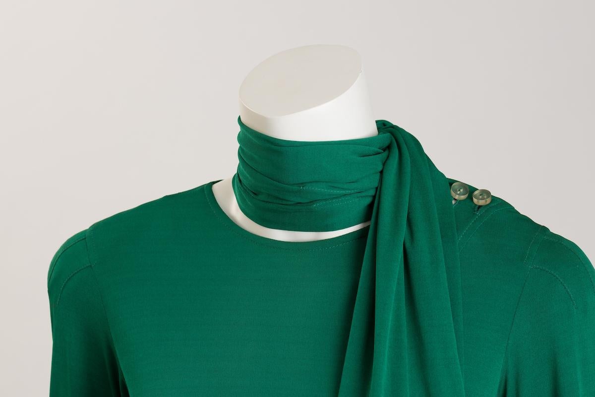 Jean Muir Vestido de cóctel de punto de viscosa verde esmeralda 12