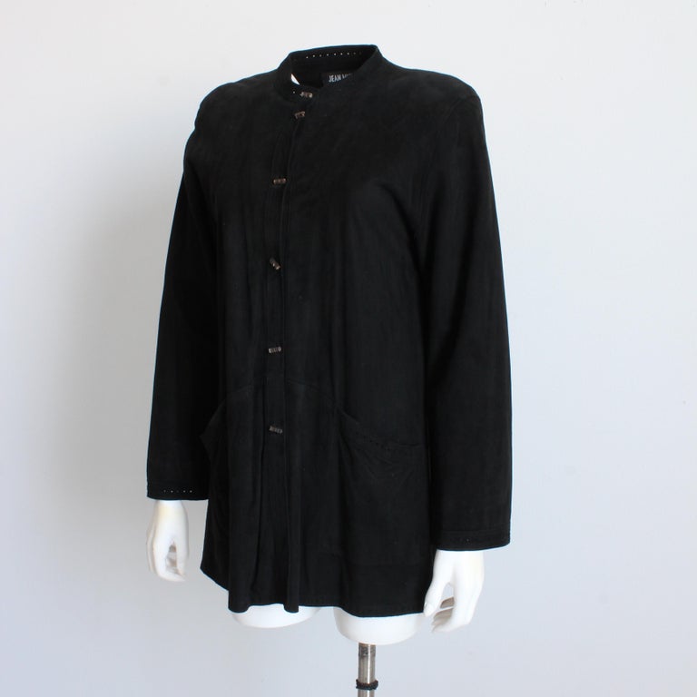 Jean Muir Jacket Black Suede Perforated Trim Lucite Buttons Retro