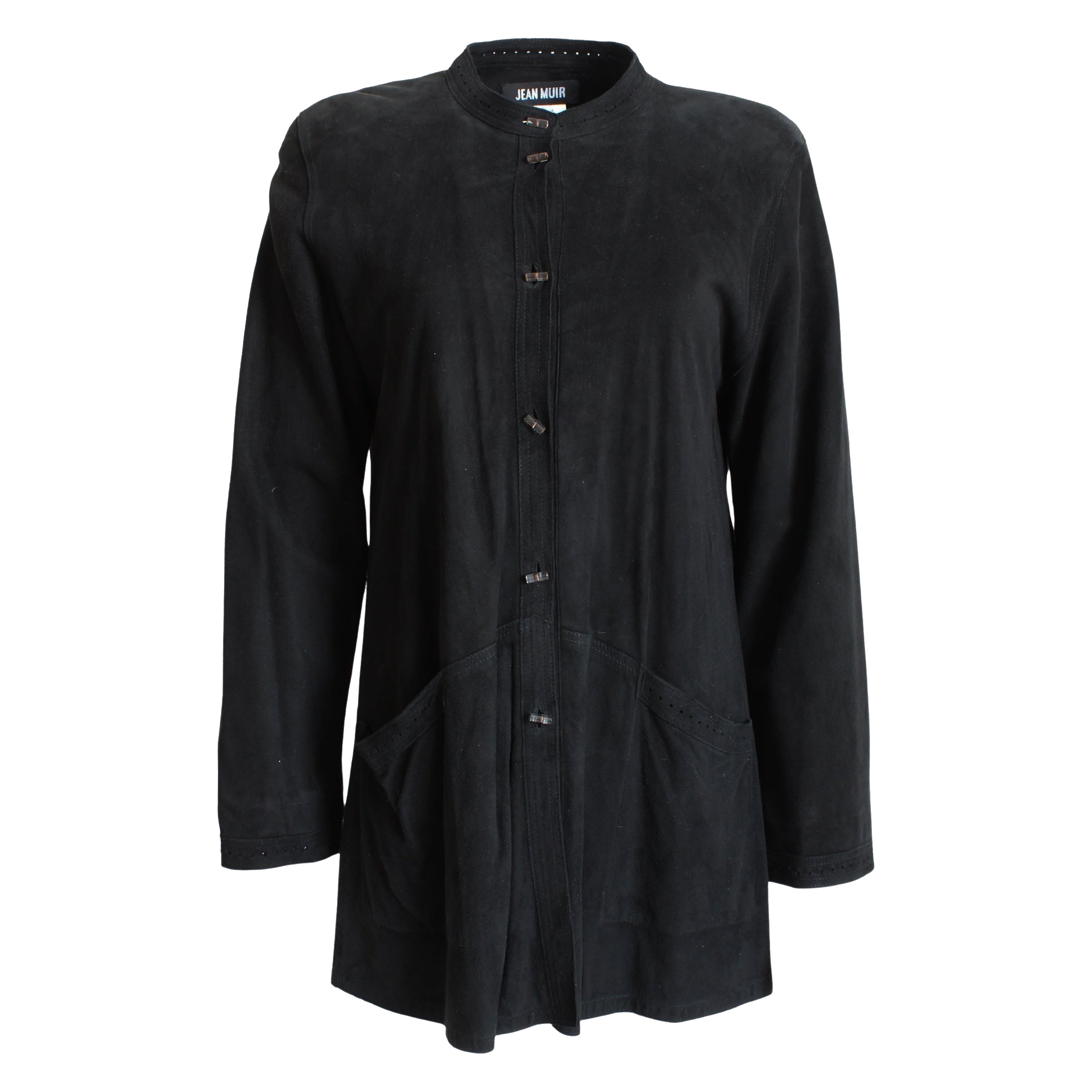 Giacca Jean Muir in pelle scamosciata nera con rifiniture in lucite e bottoni Retro Mod anni '70 Sz 8