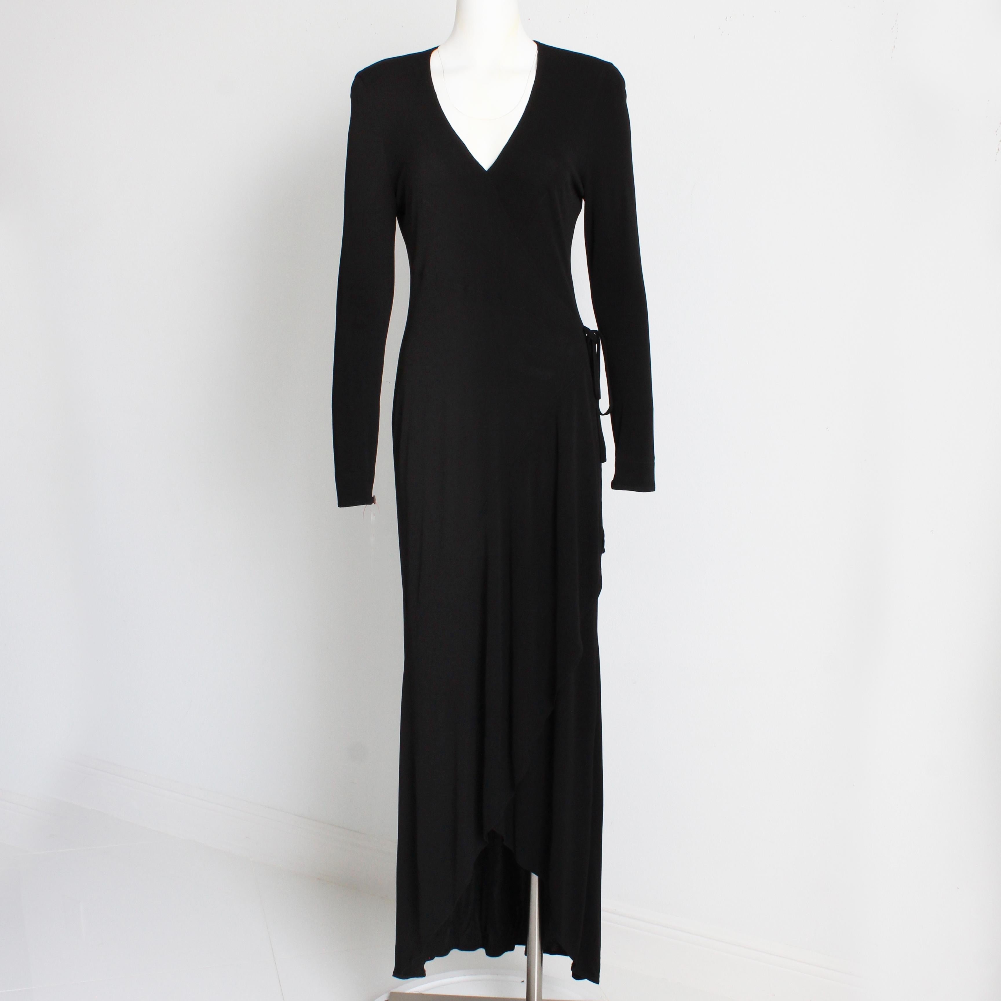 Jean Muir Long Dress Black Jersey Asymmetric Hem with Plunge Neckline Vintage  For Sale 6